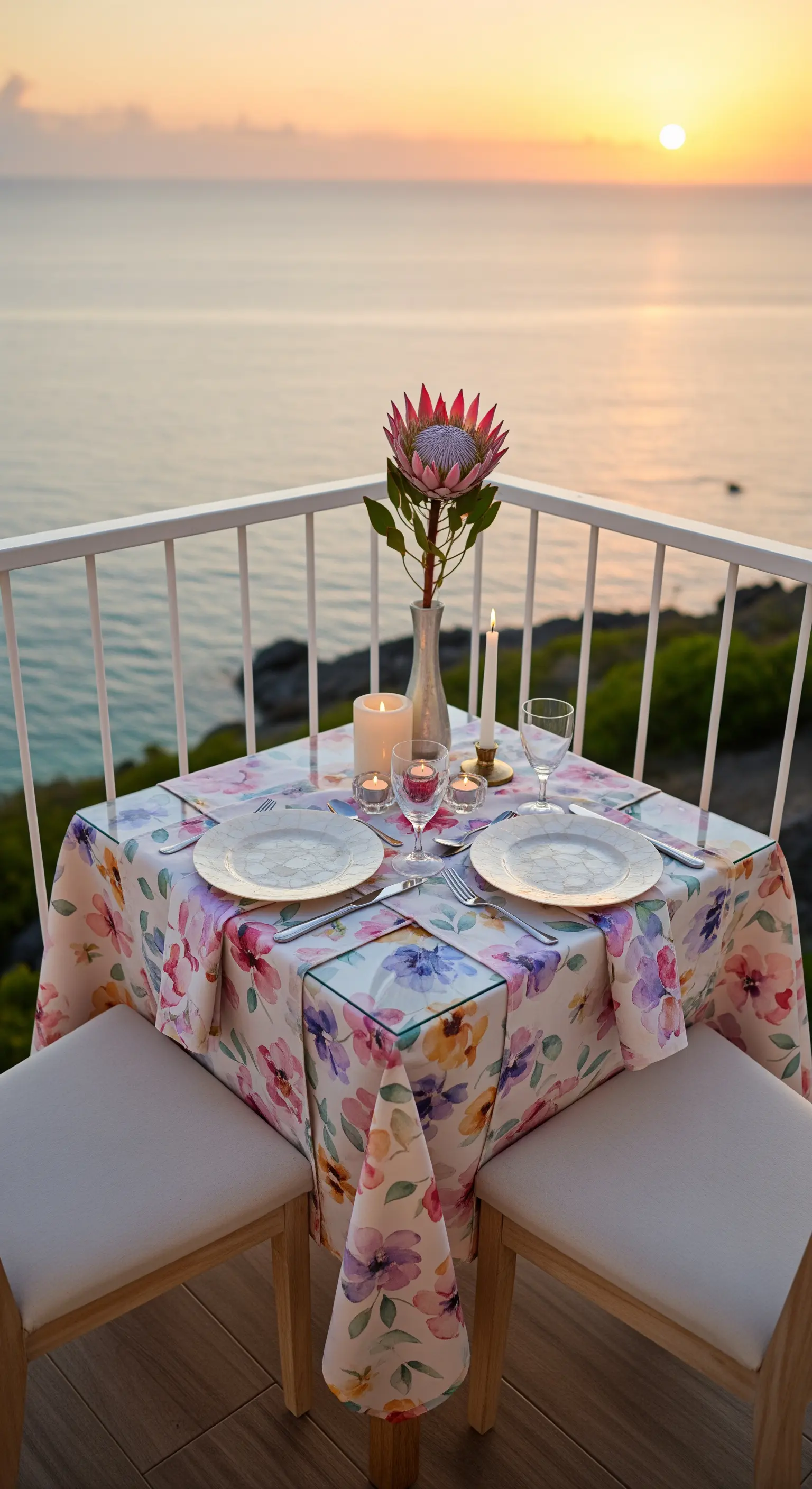 Tavolino per due al tramonto con tovaglia a fiori acquerello e candele.