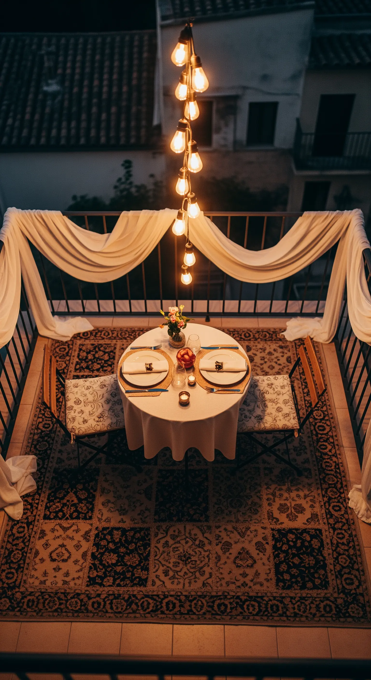 Balcone allestito per una cena romantica con tappeto, luci pendenti e teli bianchi.