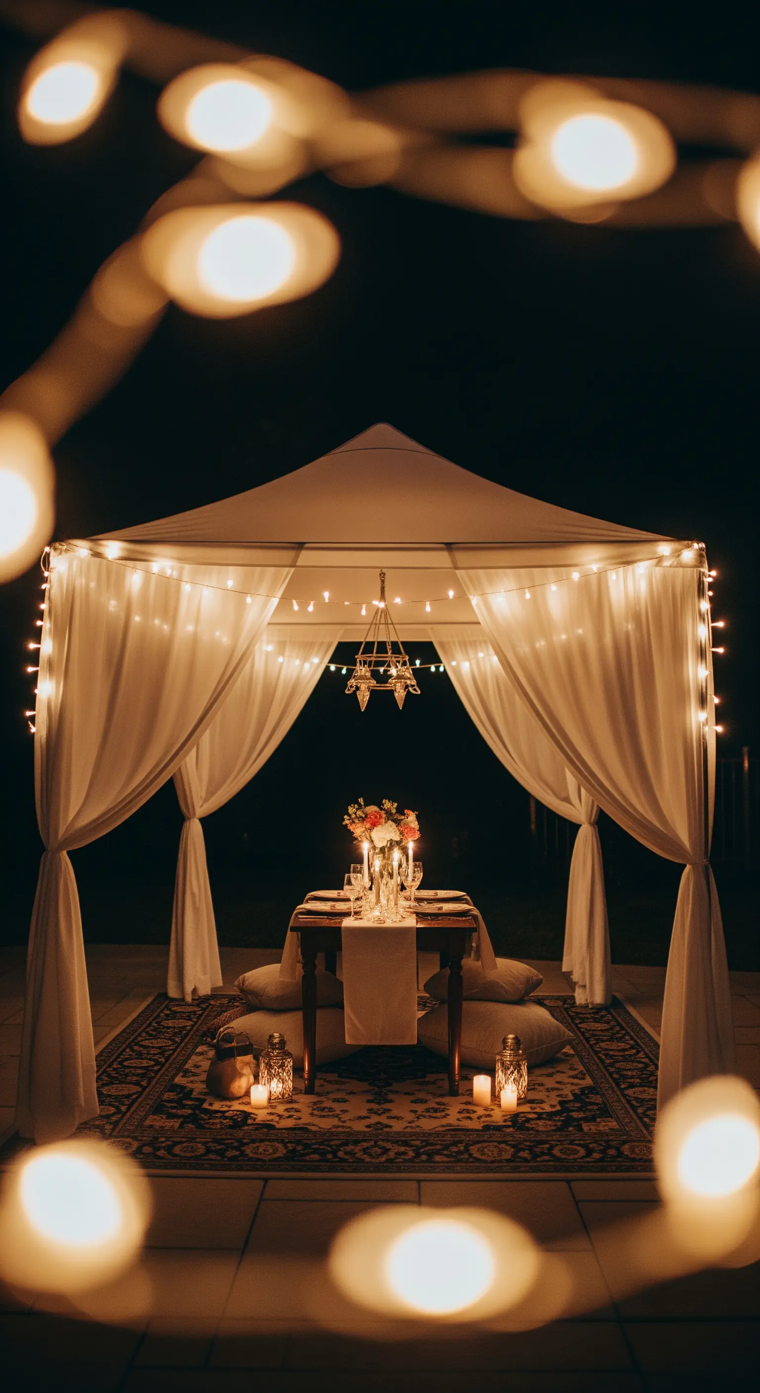 Cena romantica sotto un gazebo illuminato da lucine, con cuscini a terra e candele.