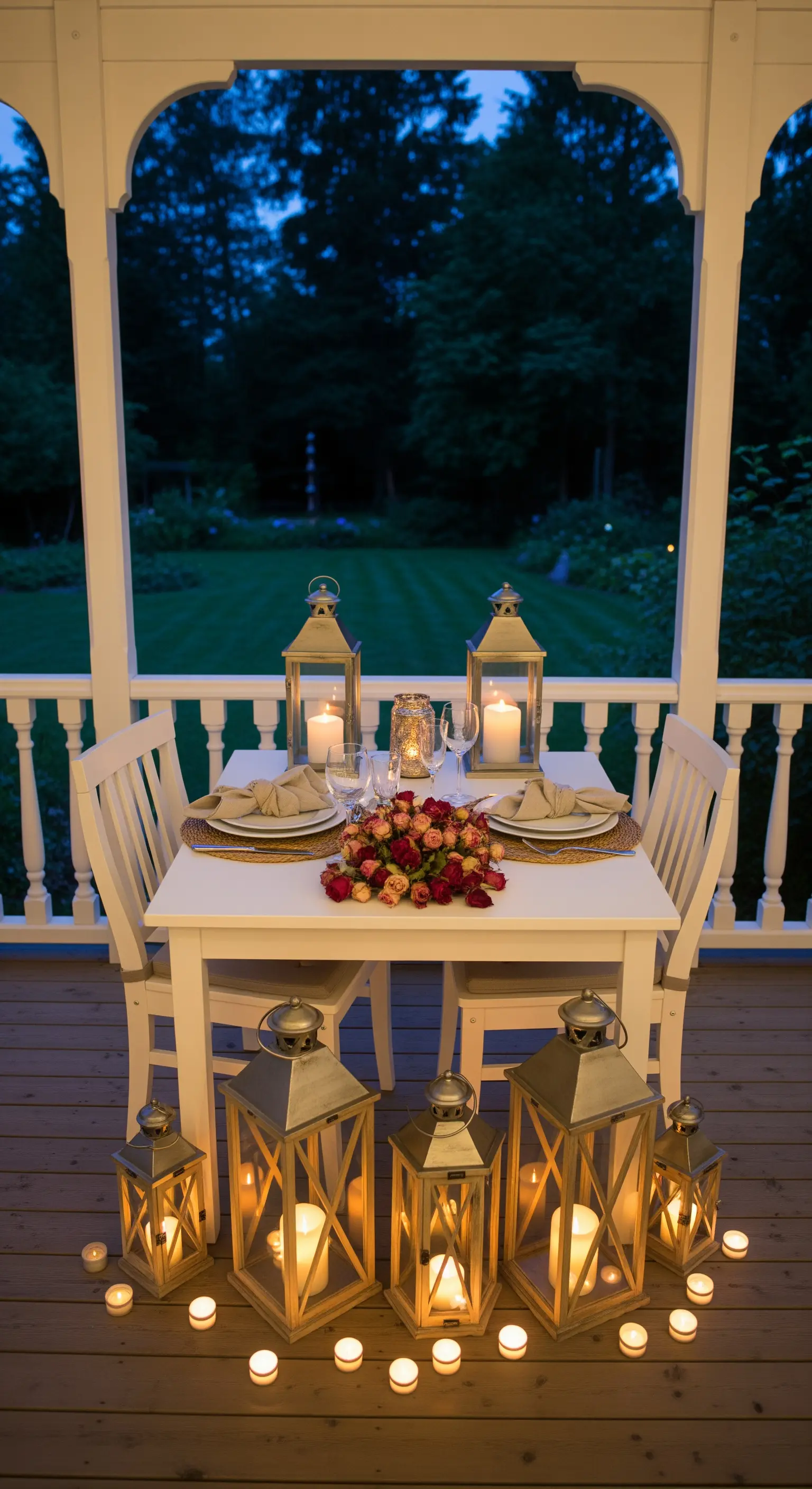 Tavolo per una cena romantica in veranda, circondato da un cerchio di lanterne accese.