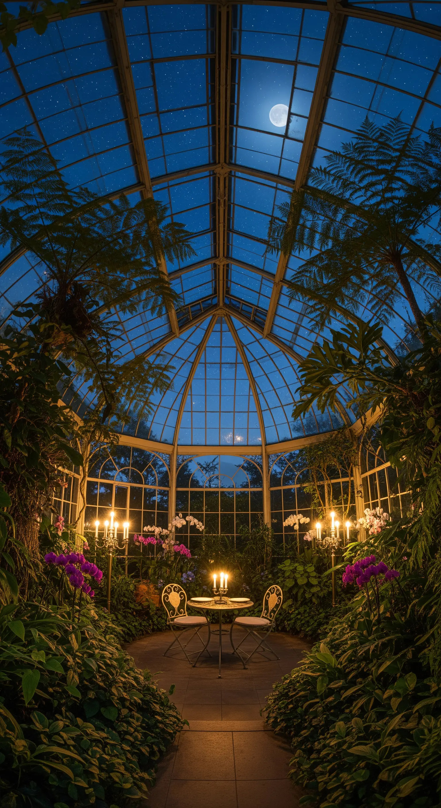 Cena a lume di candela per due persone all'interno di una serra vittoriana di notte.