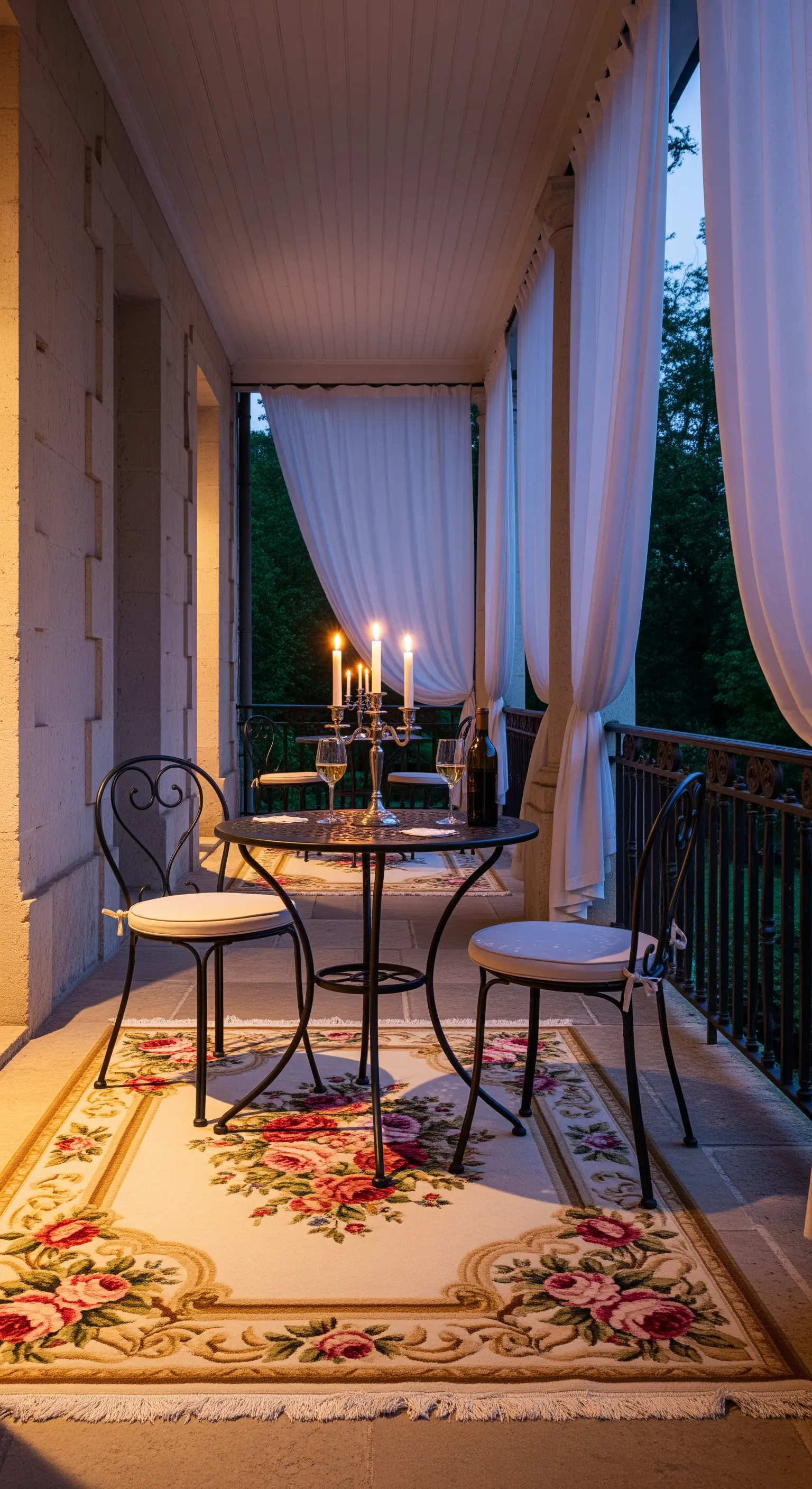 Balcone stretto con tavolino in ferro battuto, tappeto floreale e un candelabro acceso.
