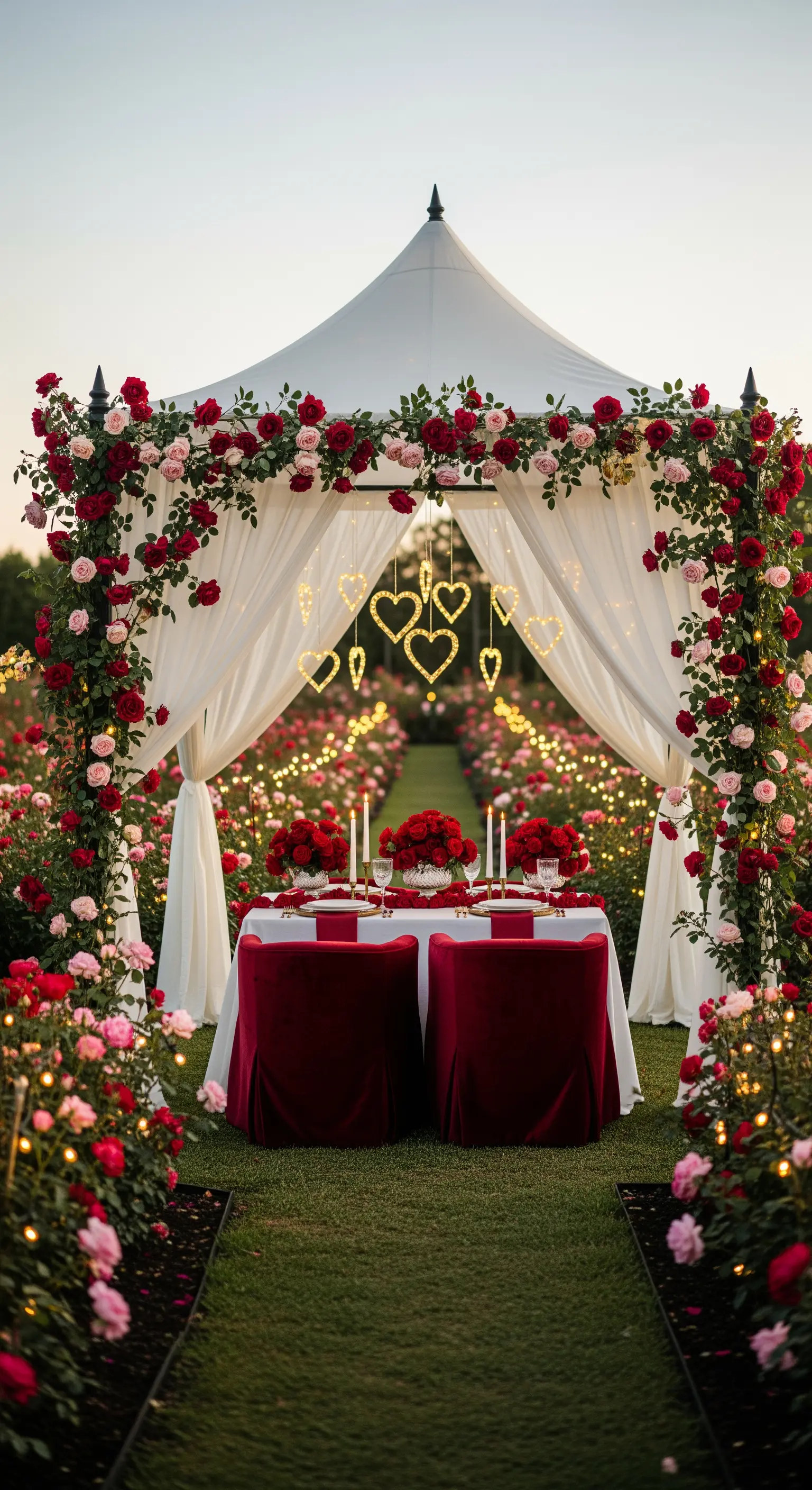 Cena romantica per due in un giardino di rose, con gazebo bianco e luci a forma di cuore.