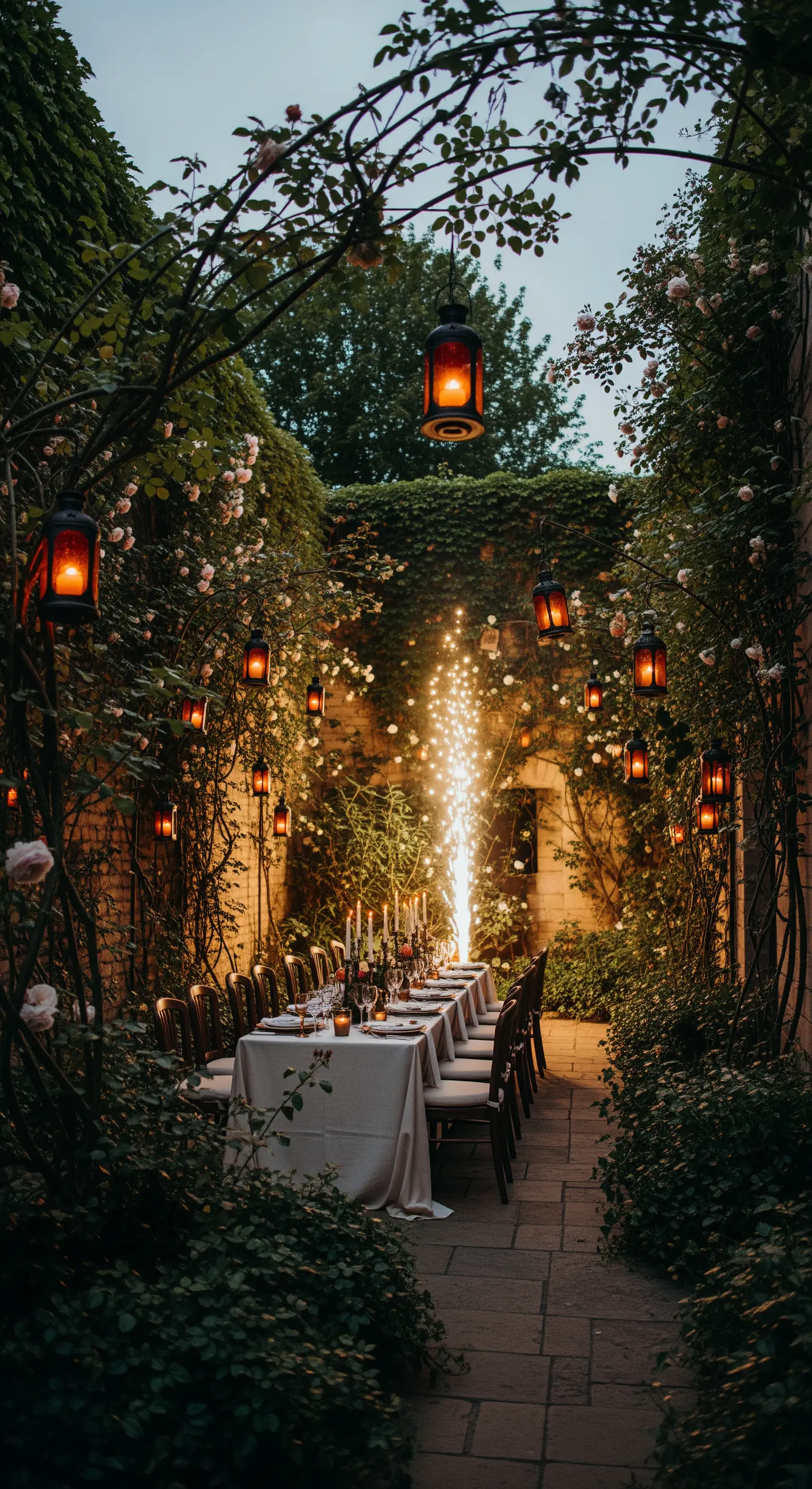 Tavolo imperiale allestito in un corridoio di rose rampicanti, illuminato da lanterne sospese