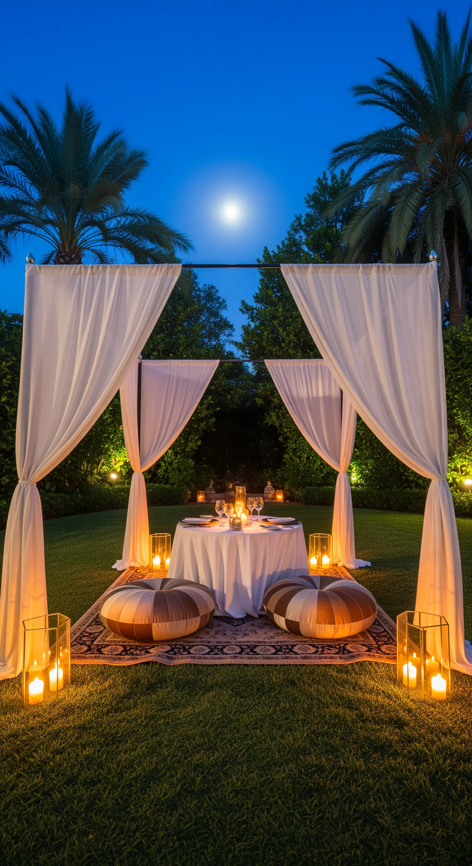 Cena per due in giardino sotto un gazebo di tende bianche illuminato da candele.