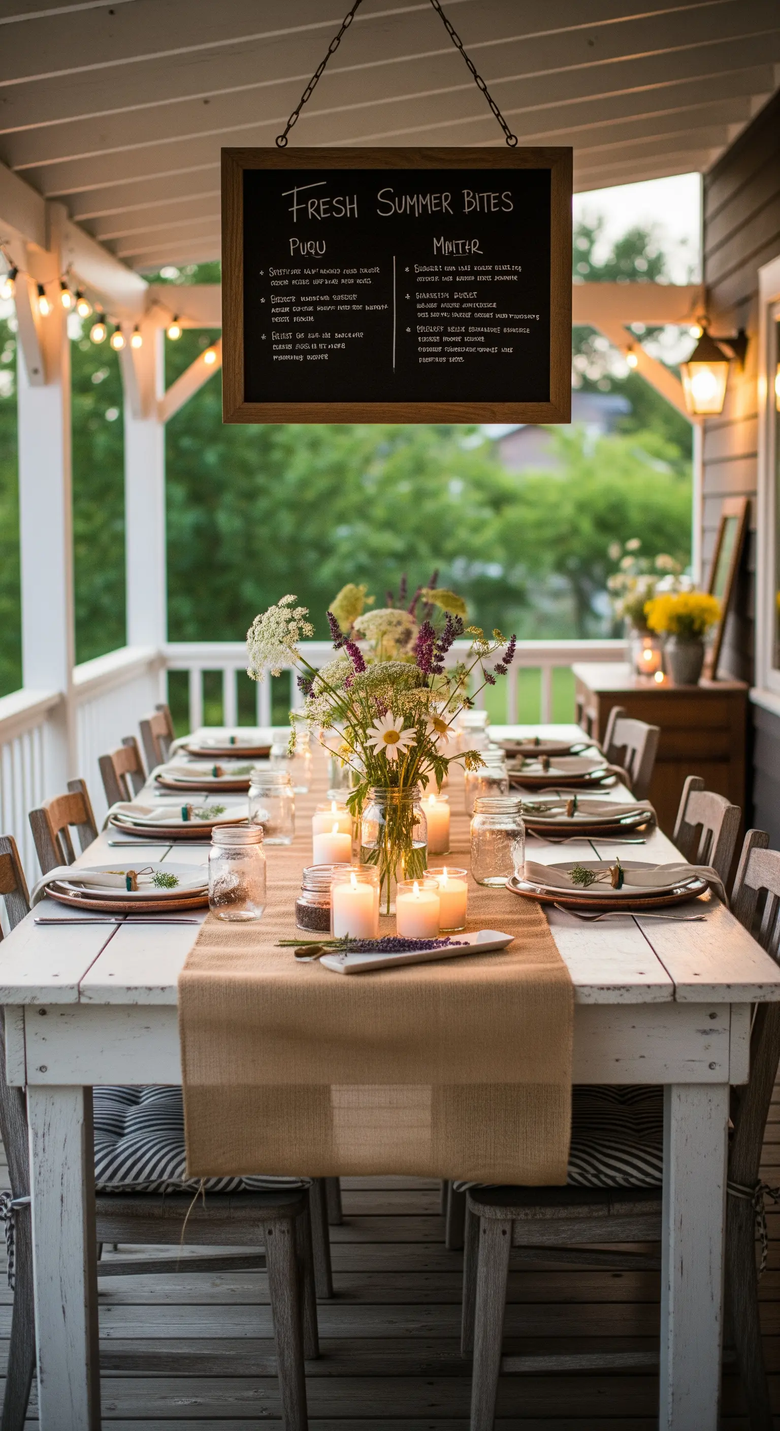 Tavola rustica in veranda con runner di juta, fiori di campo e luci calde.