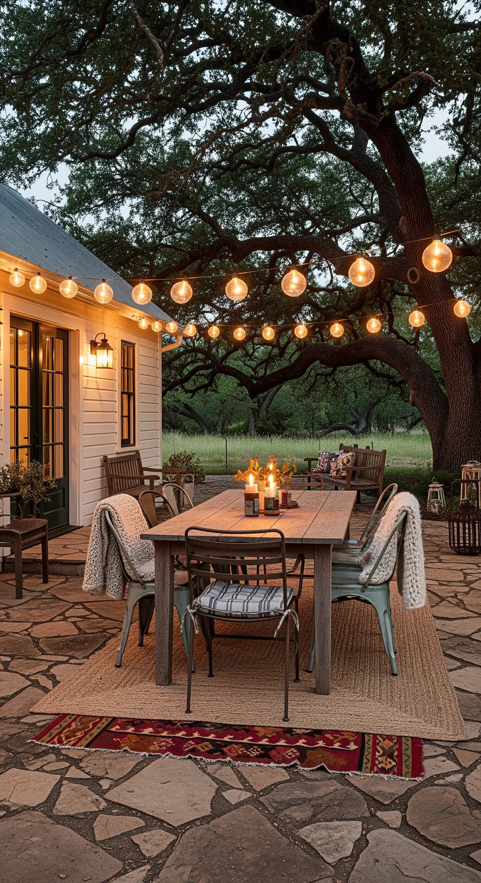 Zona pranzo all'aperto con tavolo in legno, sedie in metallo e luci a catenaria.