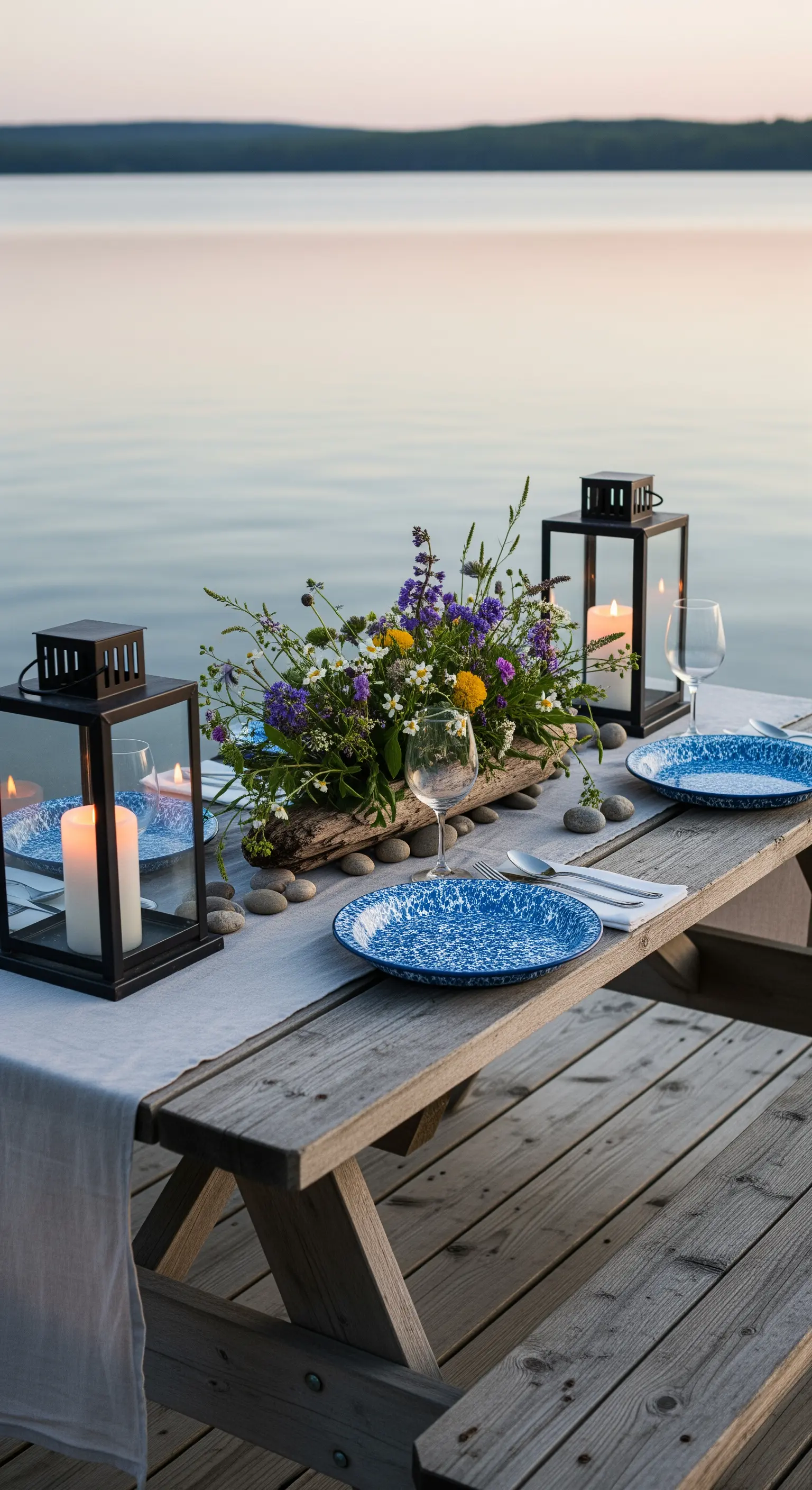 Tavolo da picnic in riva al lago con lanterne, candele e un centrotavola di fiori di campo