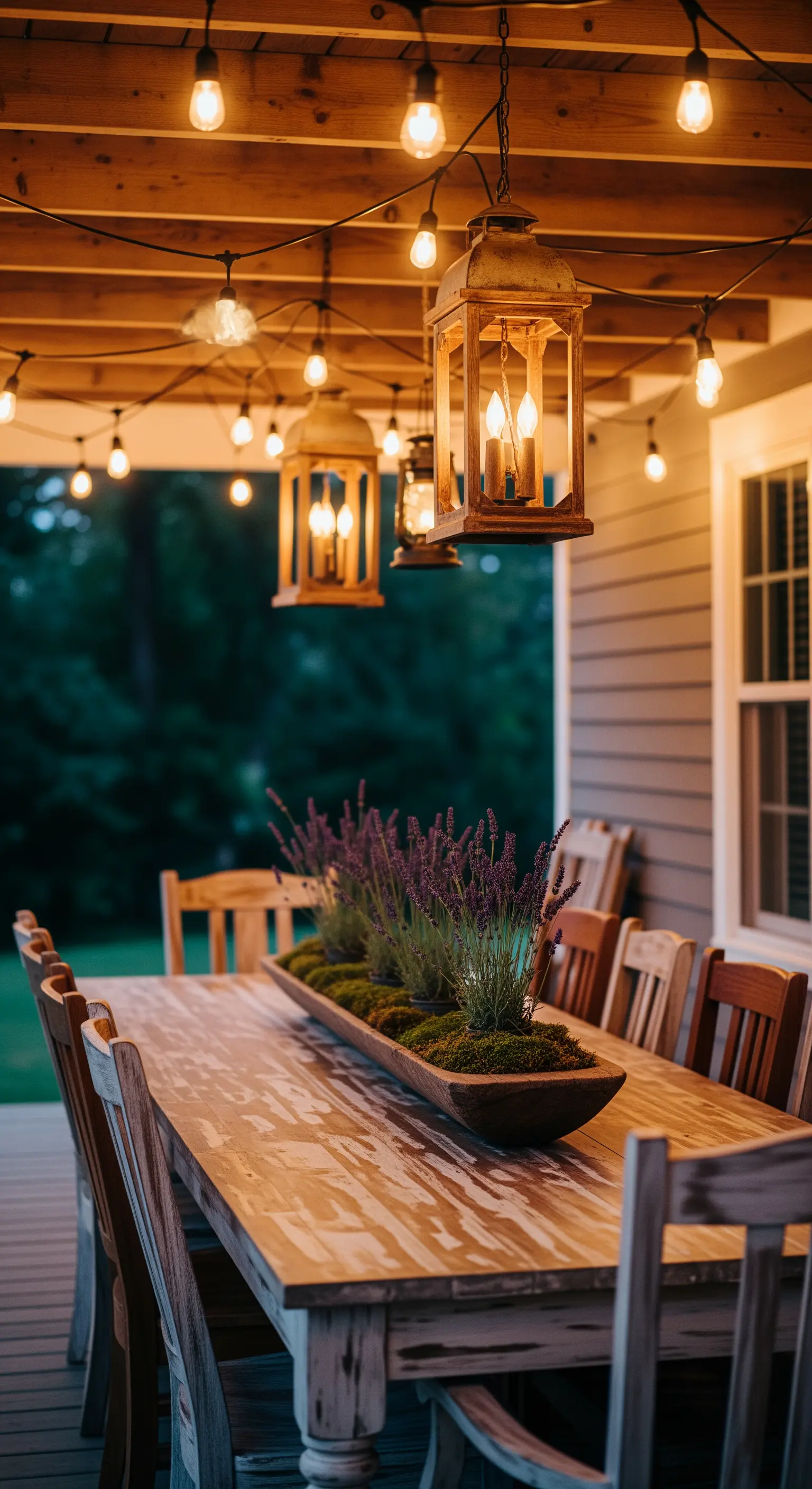 Lungo tavolo da pranzo in legno decapato sotto un portico illuminato da lanterne e fili di luci.