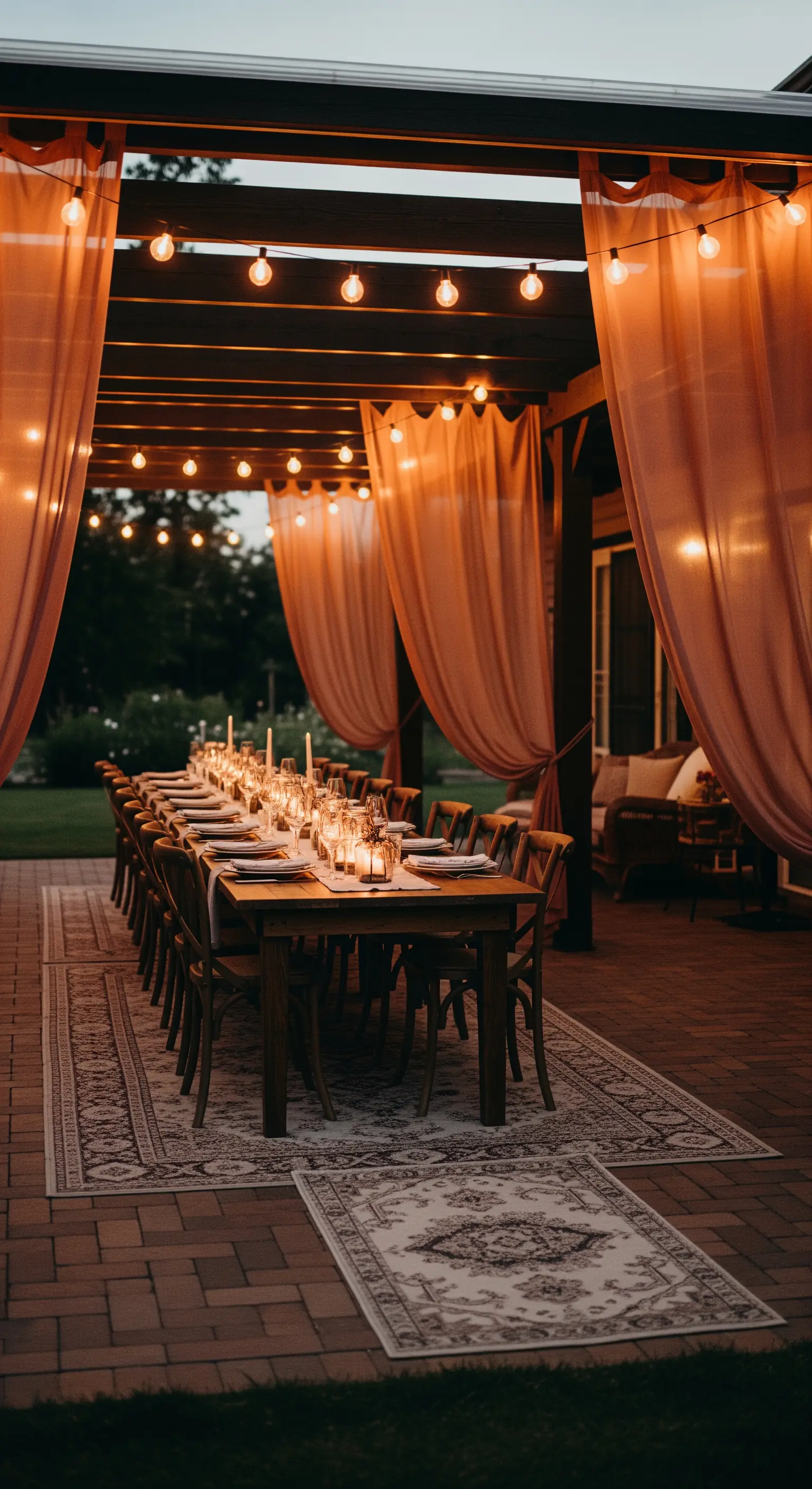 Tavolata all'aperto sotto un pergolato con tende rosa, candele e luci calde.