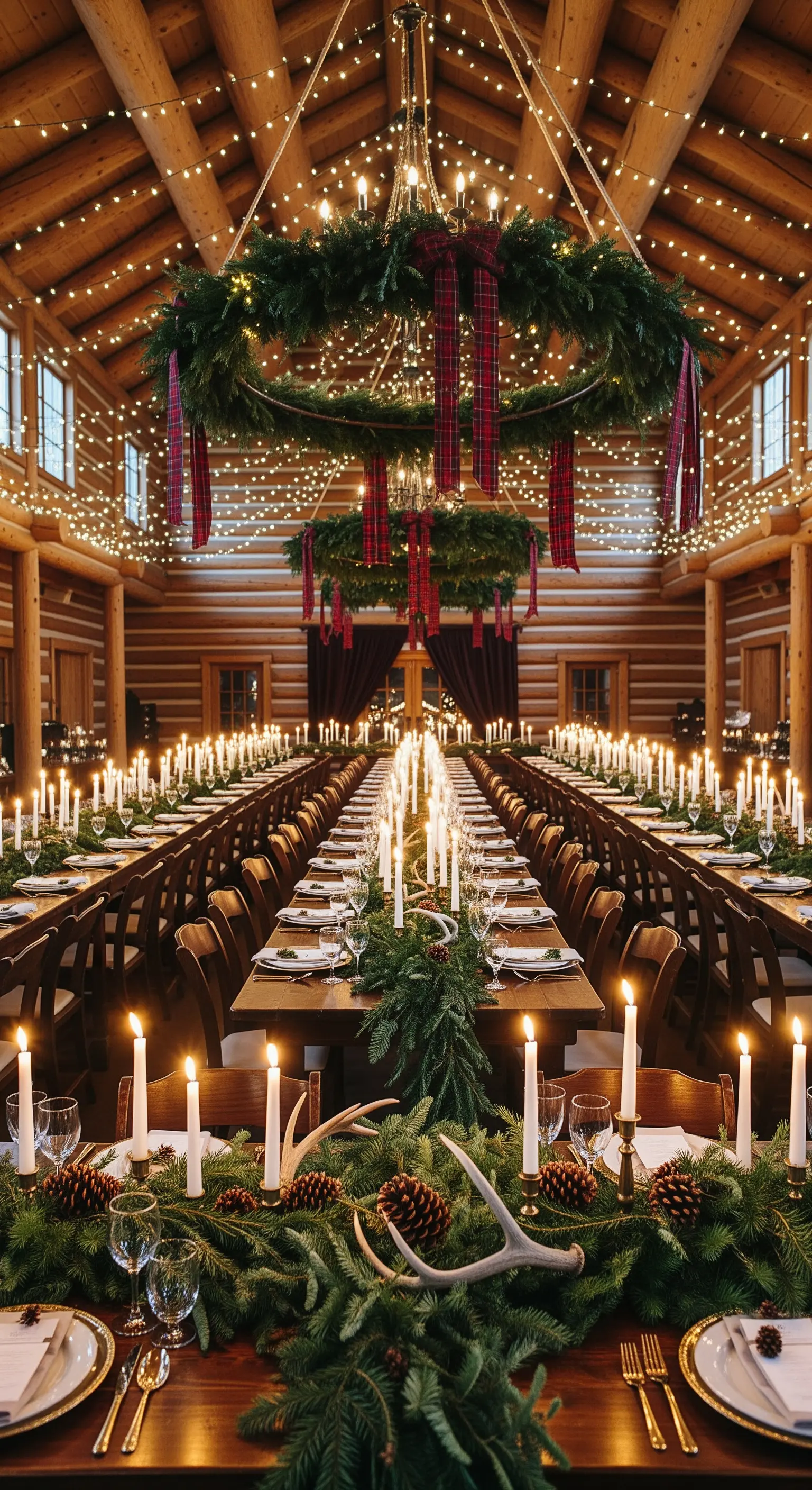 Sala da ricevimento in legno con lunghi tavoli illuminati da centinaia di candele e luci sospese.