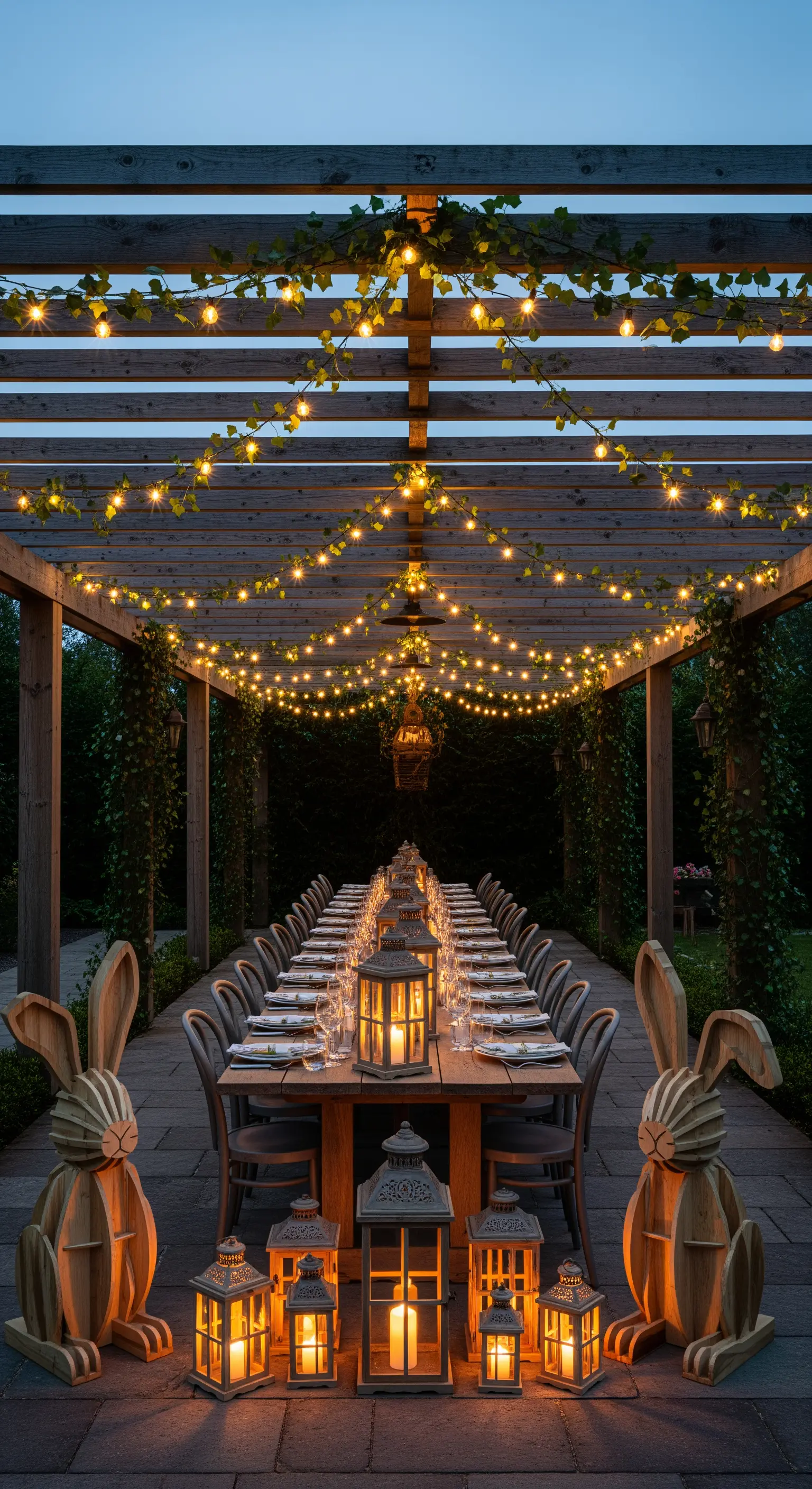 Tavolata all'aperto sotto un pergolato illuminato da lucine, con lanterne e grandi conigli in legno.