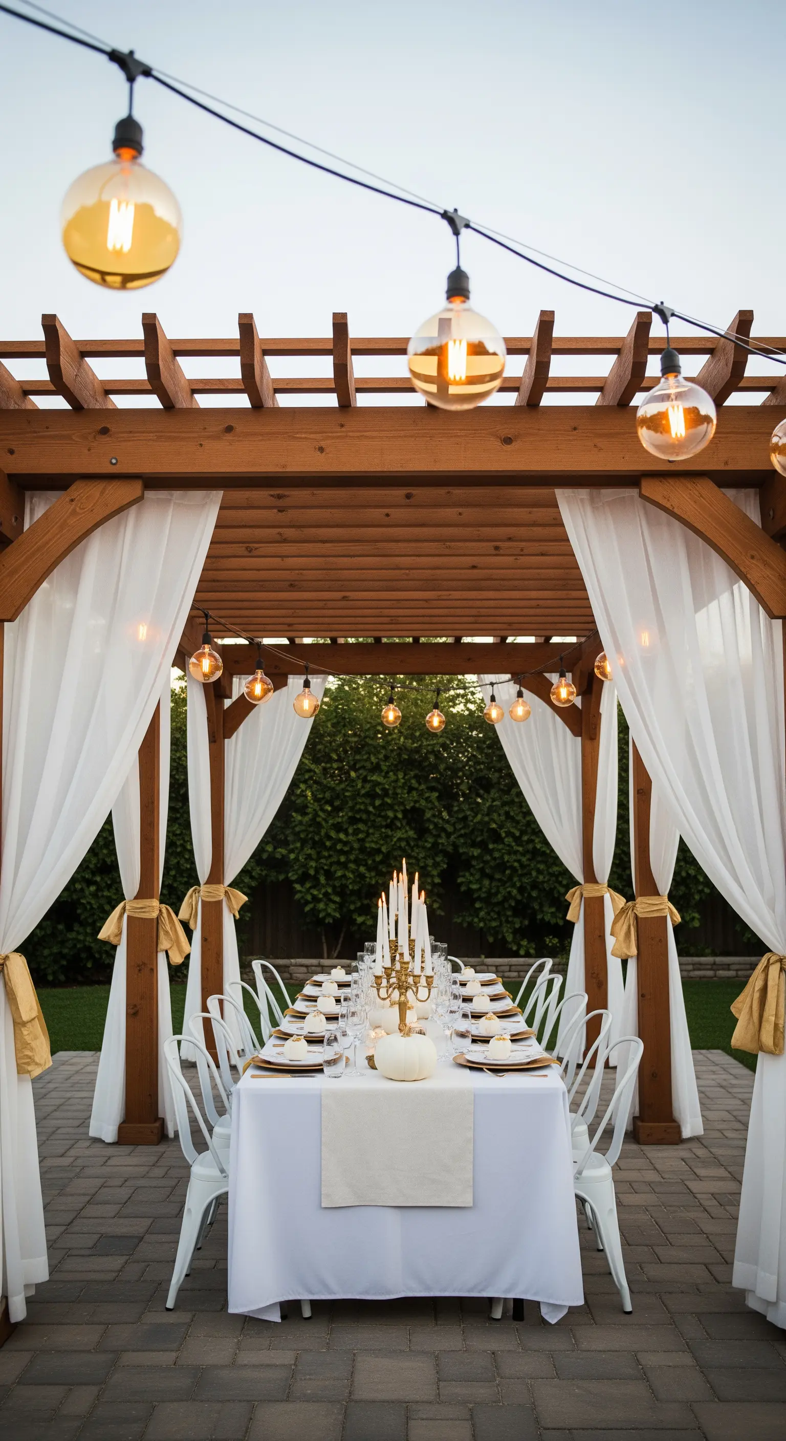 Tavola di Halloween sotto un pergolato con tende bianche e luci