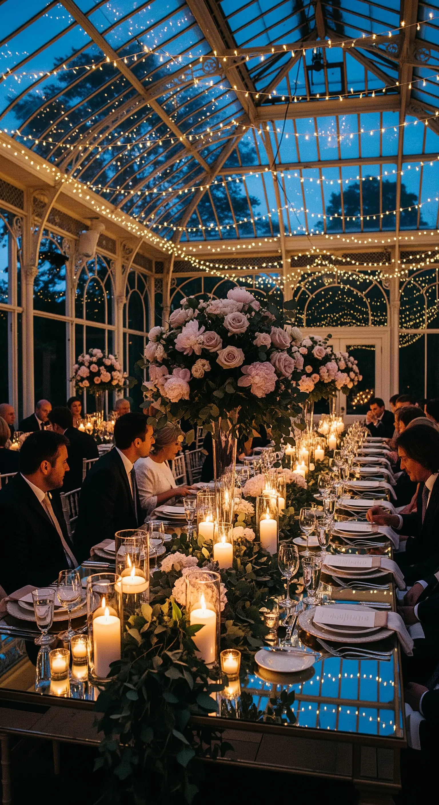 Ricevimento serale in una serra di vetro con lucine e tavoli a specchio.