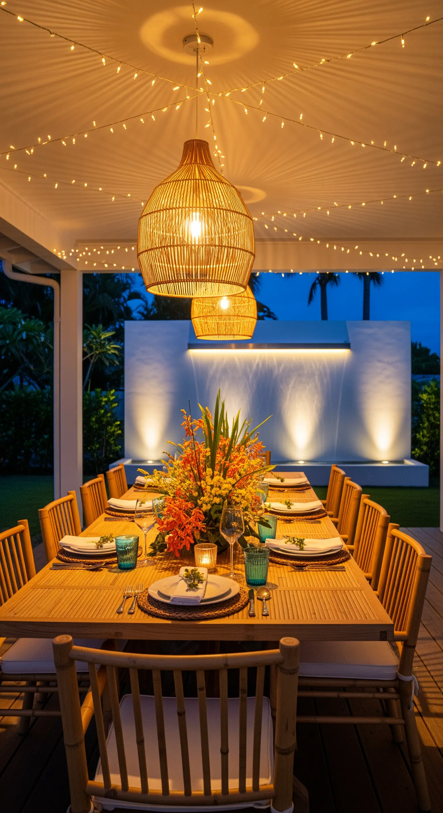 Tavolo da pranzo in bambù sotto un portico con lampadari in rattan e cascata sullo sfondo.
