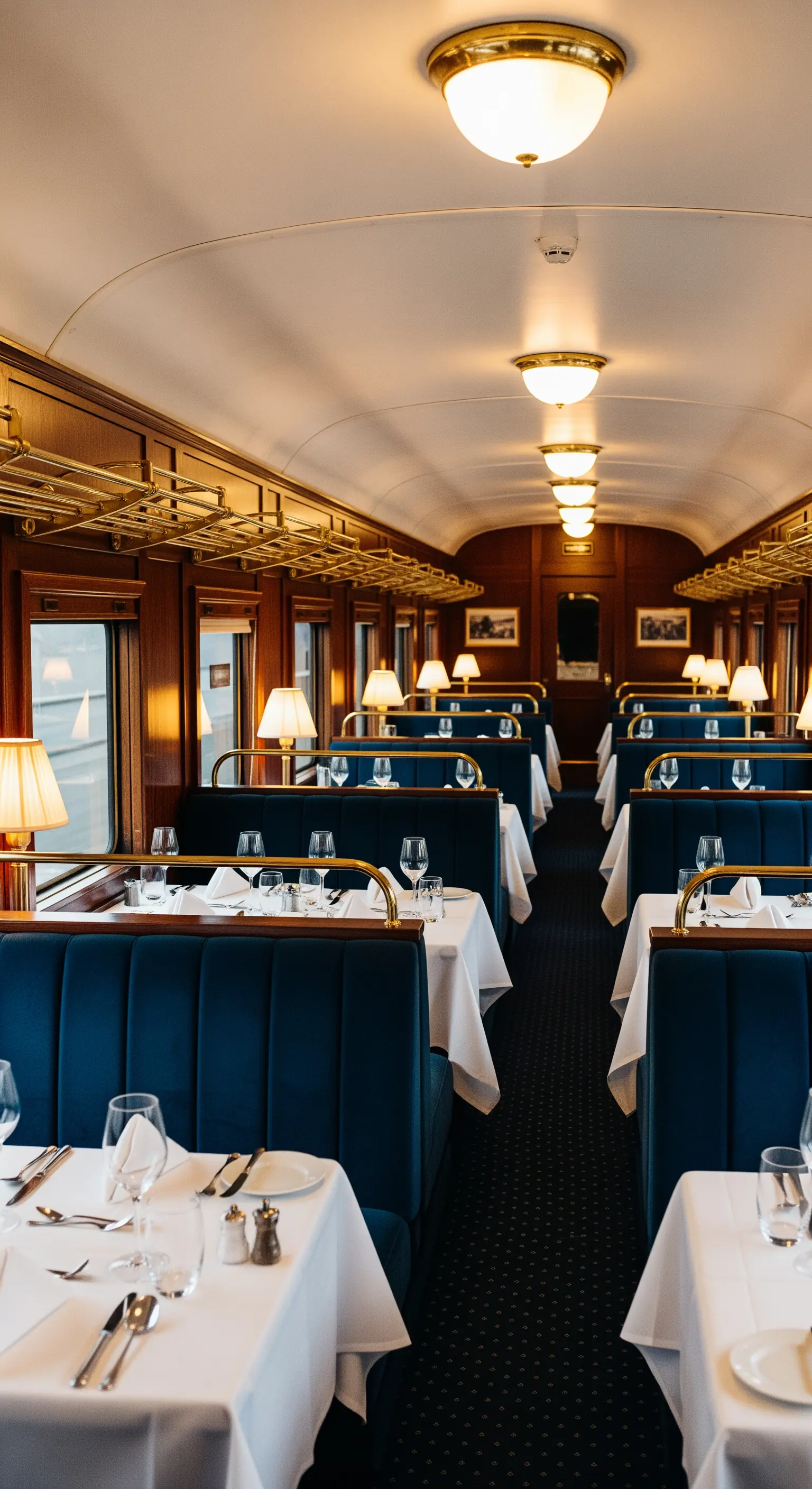 Interno di un vagone ristorante di lusso in stile Orient Express con tavoli apparecchiati.