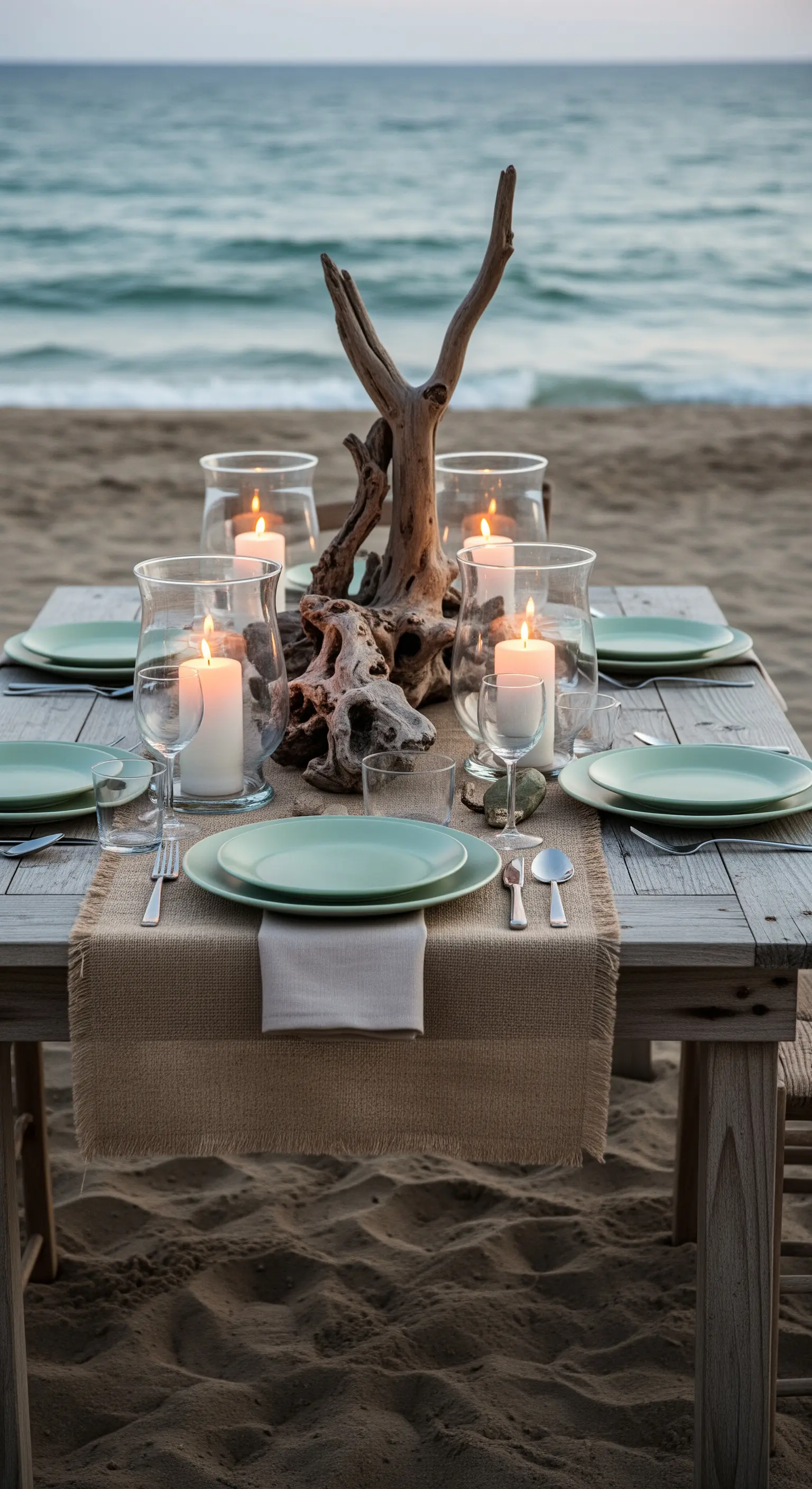 Tavola rustica allestita sulla spiaggia con un centrotavola di legno e candele.