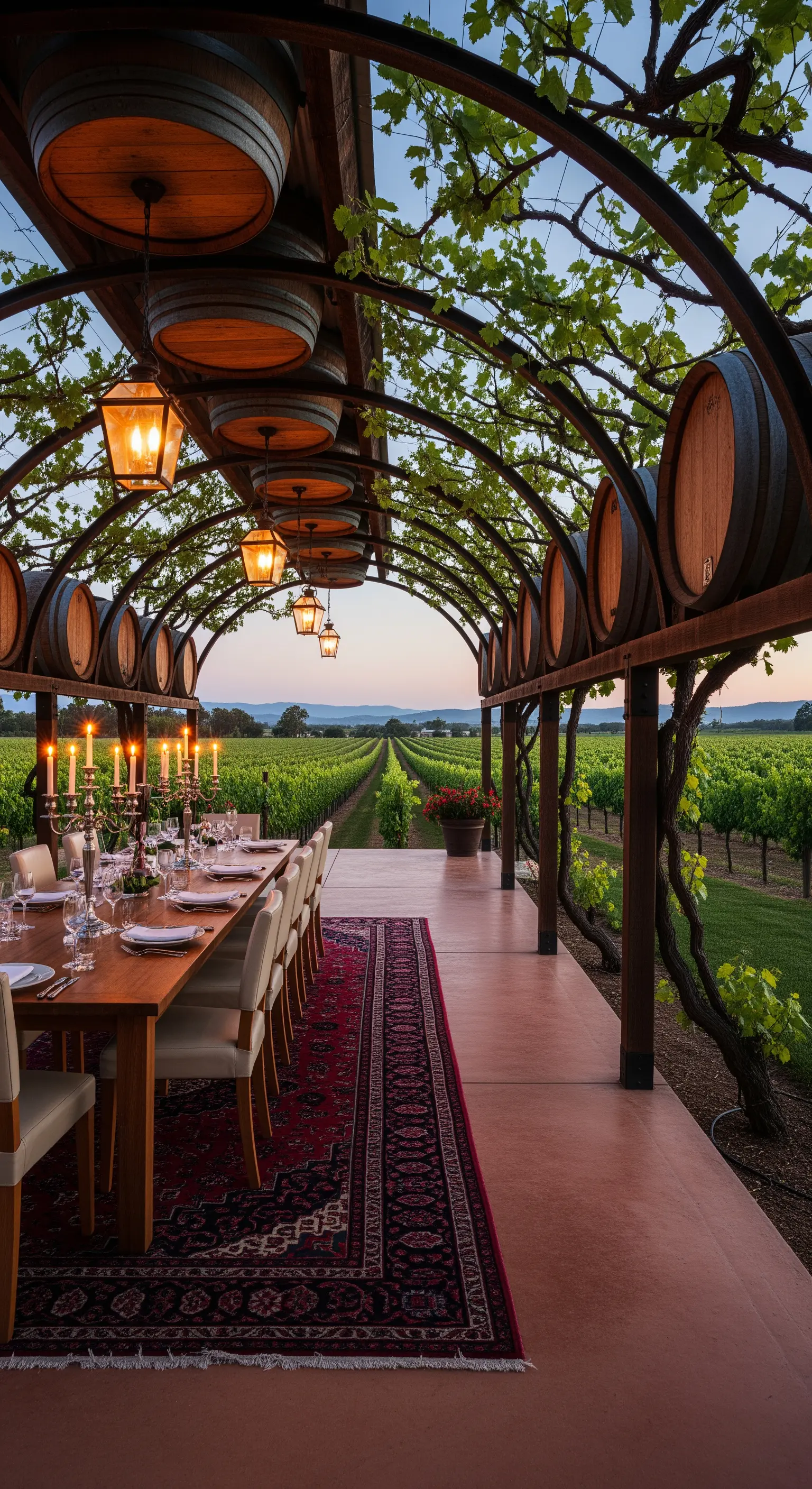 Lungo pergolato a tunnel in un vigneto con tavolo da pranzo e botti di vino.