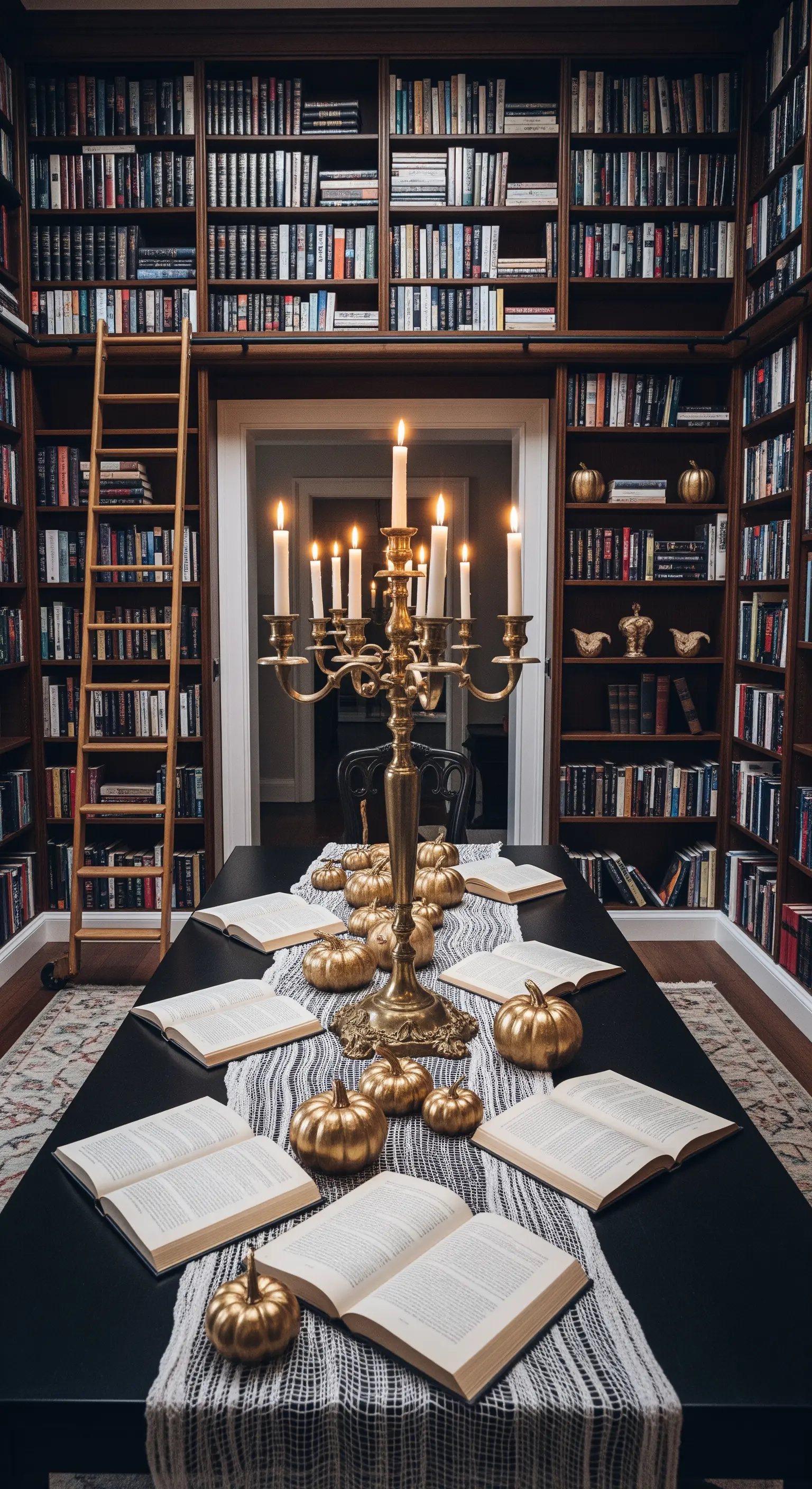 Tavola da pranzo in una libreria con zucche dorate e candelabro
