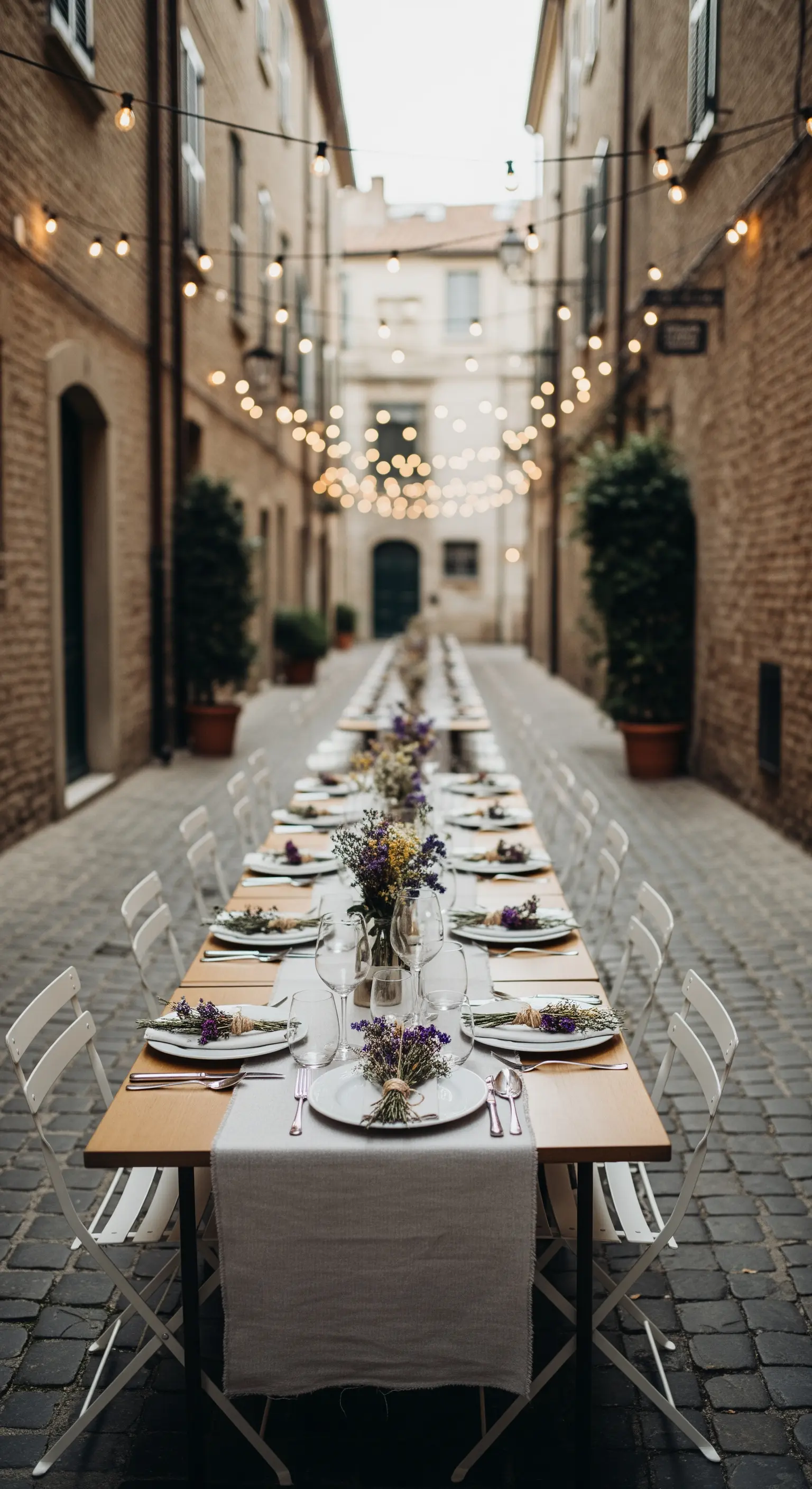 Lungo tavolo apparecchiato in un vicolo stretto, illuminato da fili di lucine.