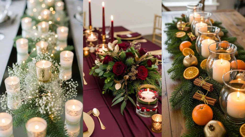 Tre eleganti centrotavola natalizi con candele accese, rami di pino e tocchi dorati per cene d'inverno.