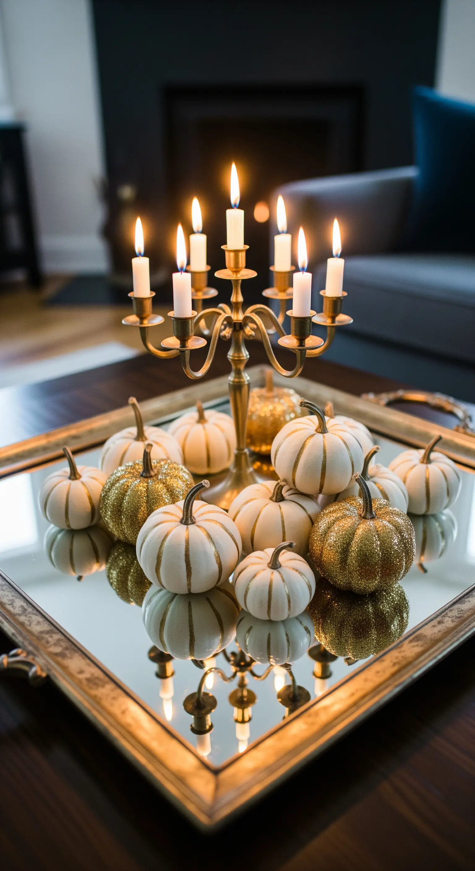 Vassoio a specchio con candelabro e piccole zucche bianche e oro