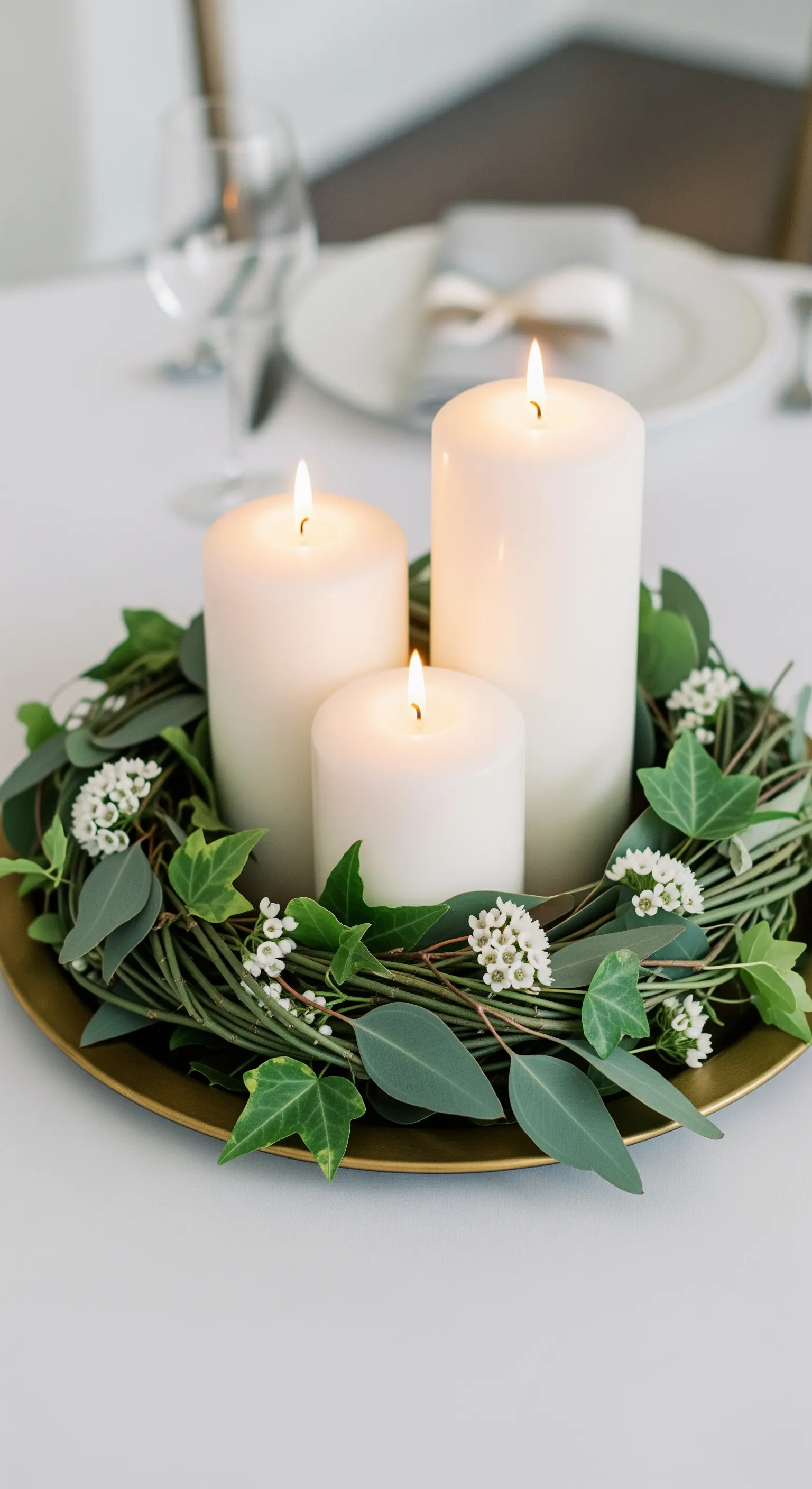 Tre candele bianche di diverse altezze circondate da una ghirlanda di eucalipto e edera.