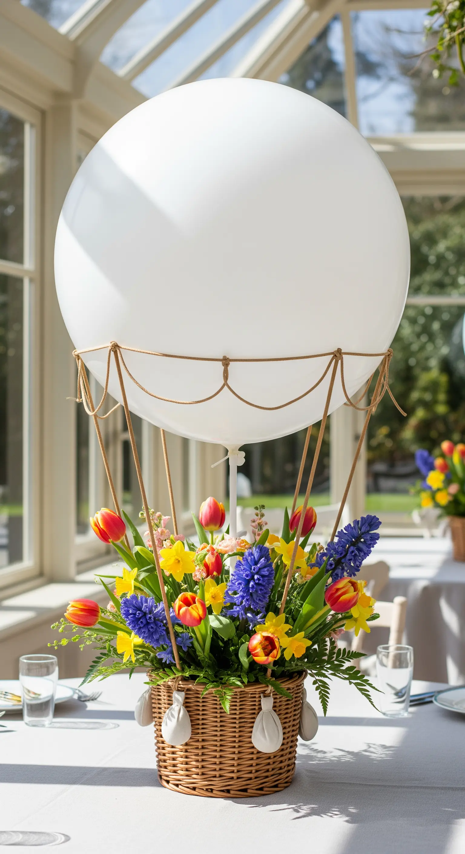 Centrotavola a forma di mongolfiera con cesto di vimini pieno di tulipani e fiori primaverili.