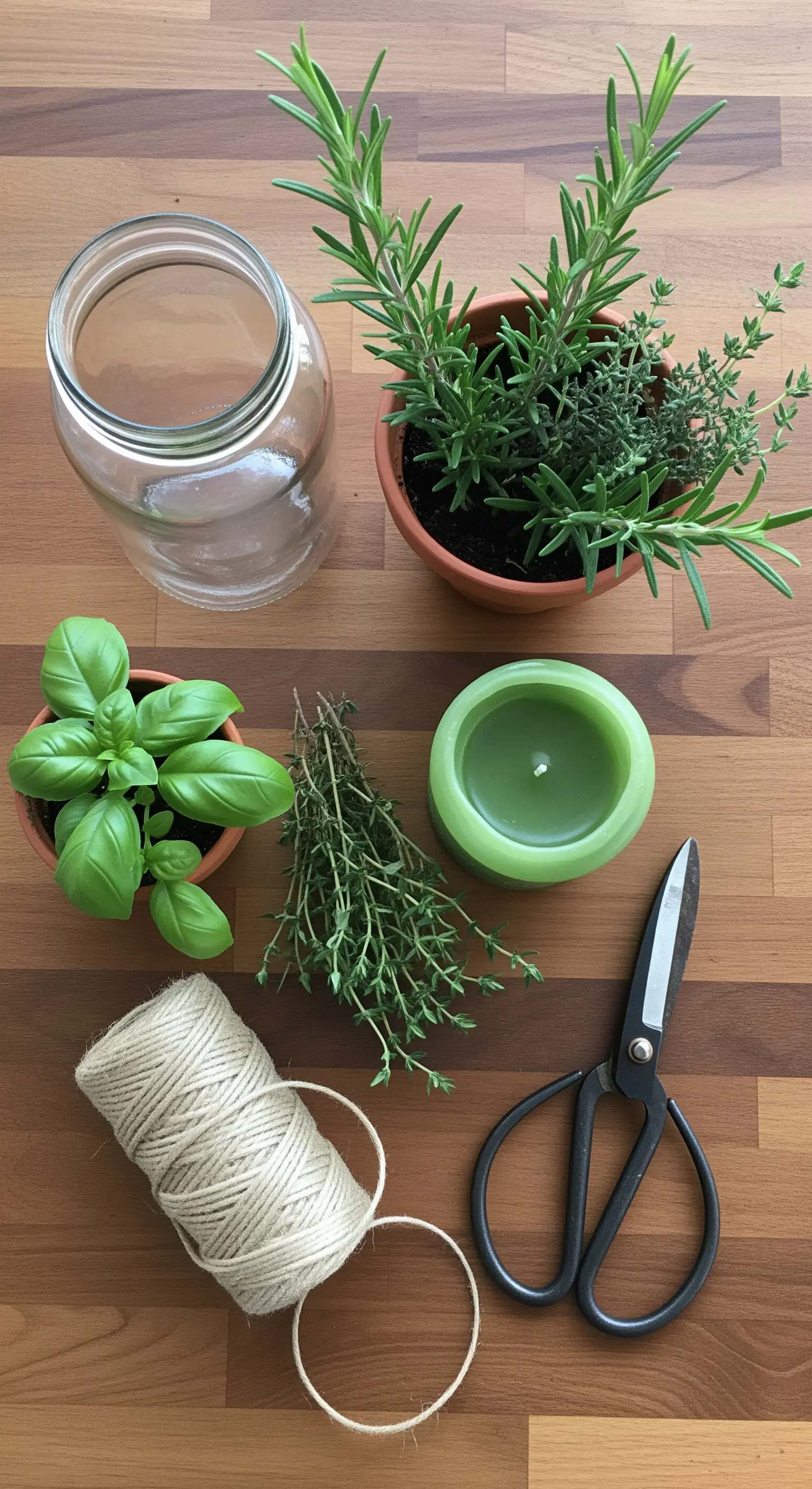 Ingredienti per centrotavola fai-da-te: erbe aromatiche, vasetto, spago e candela verde.