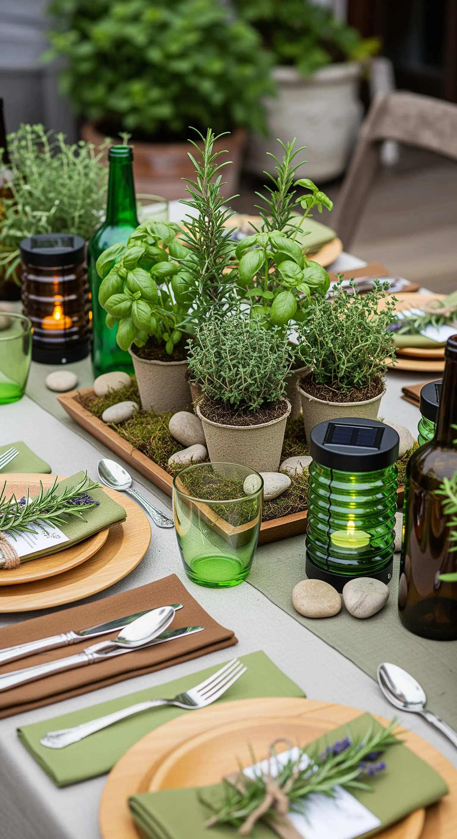Centrotavola con vasetti di erbe aromatiche, muschio e piccole lanterne solari verdi.
