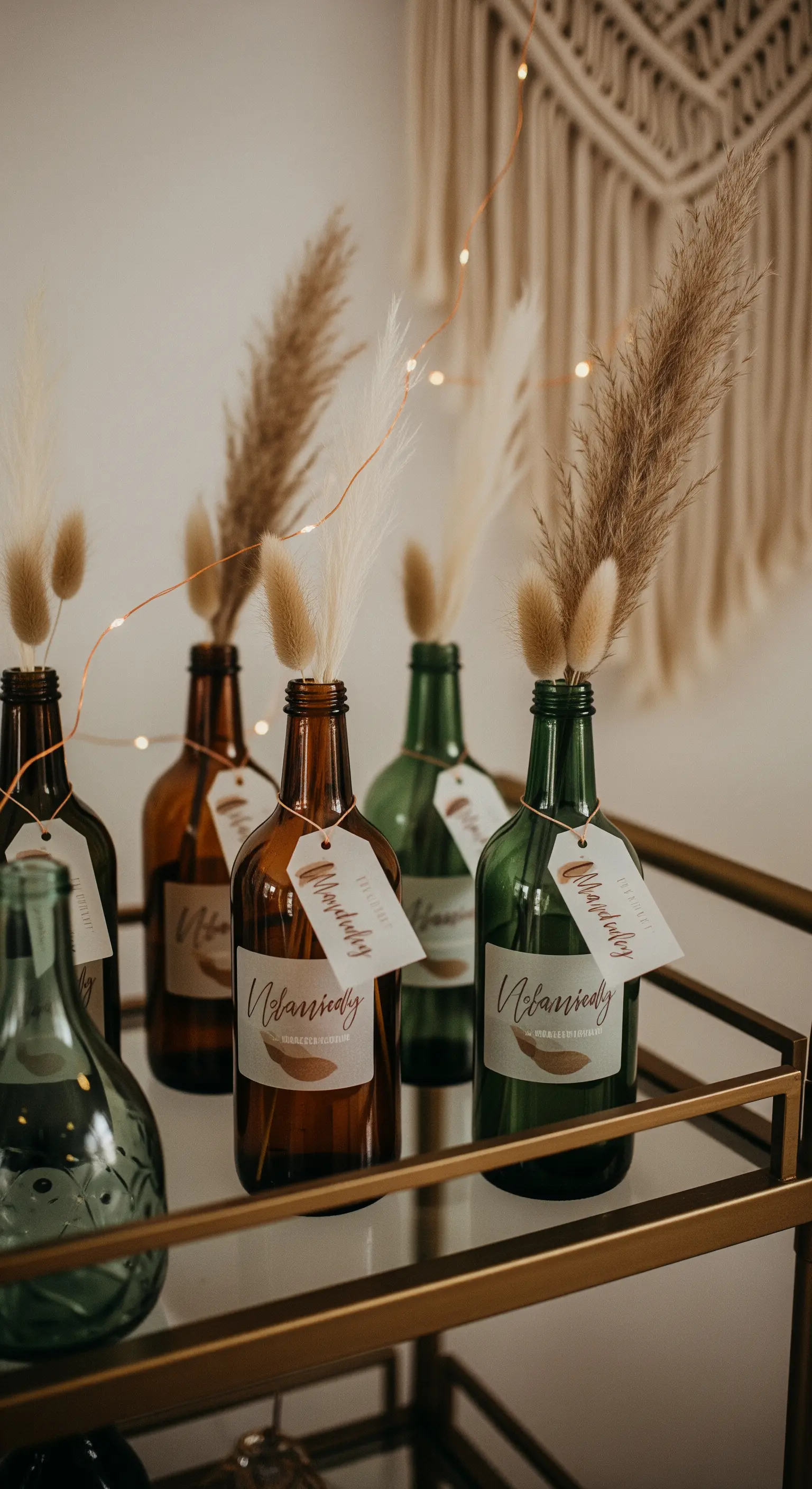 Bottiglie in vetro ambrato e verde con etichette personalizzate e steli di erba della Pampas.