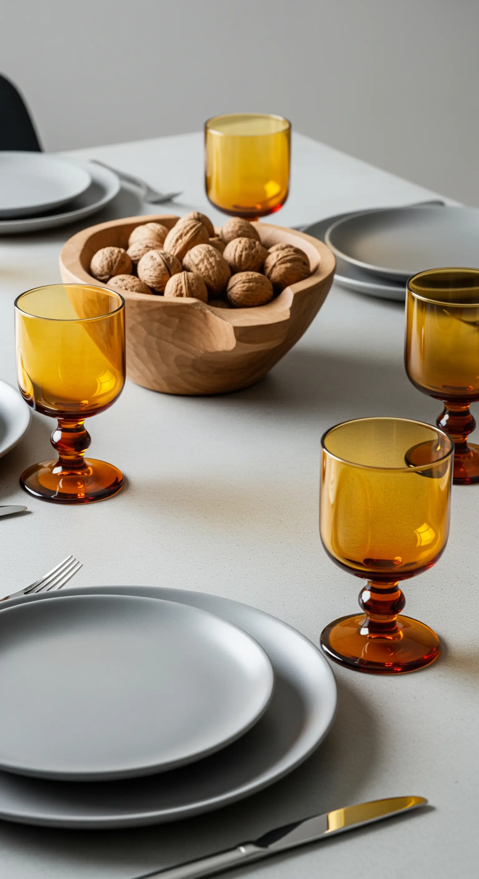 Ciotola in legno con noci come centrotavola e bicchieri color ambra.