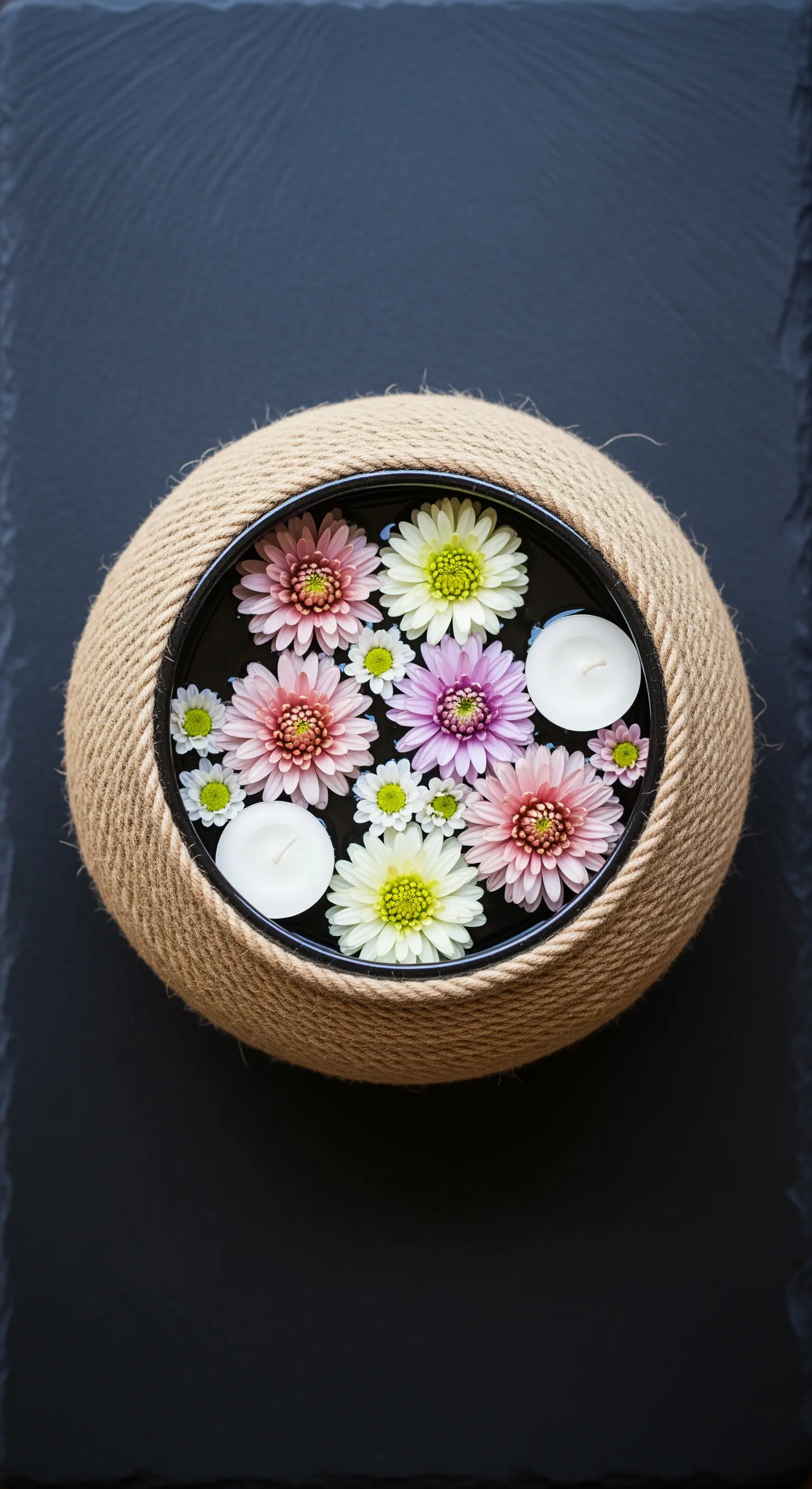 Vista dall'alto di una ciotola avvolta in corda, con acqua, fiori e candele galleggianti.