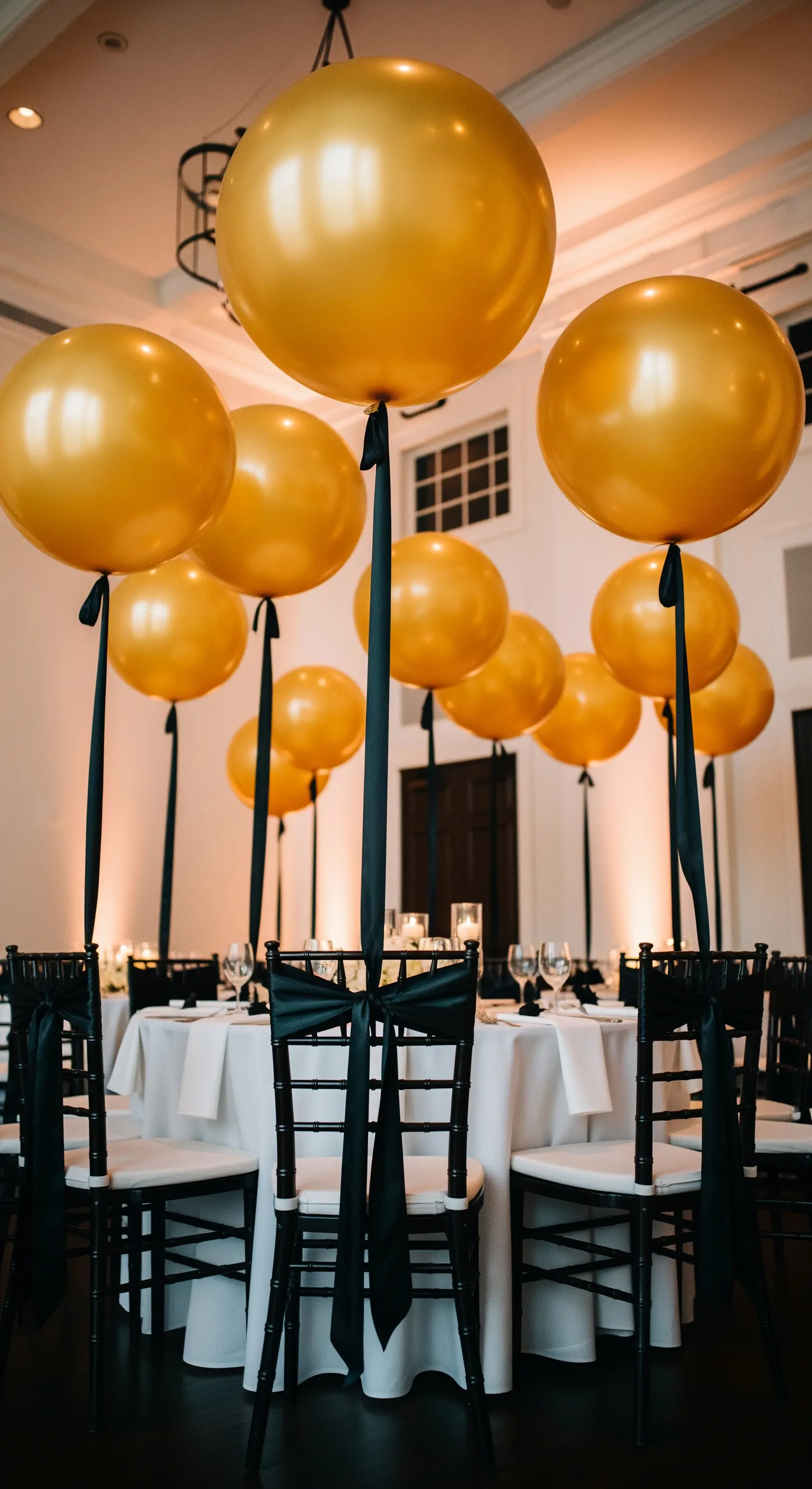Tavolo da ricevimento con grandi palloncini dorati che fluttuano sopra, legati alle sedie.