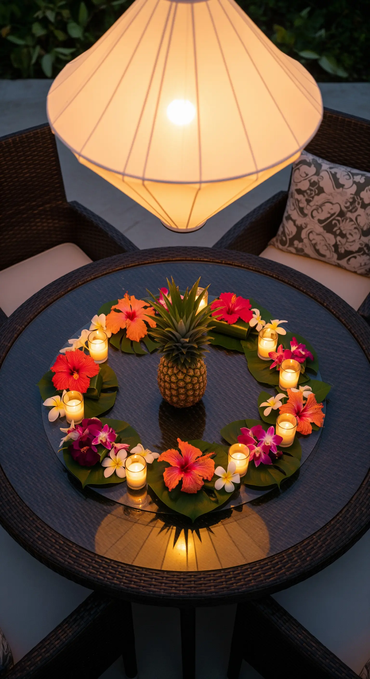 Centrotavola circolare su tavolo scuro con ananas, fiori di ibisco e piccole candele.