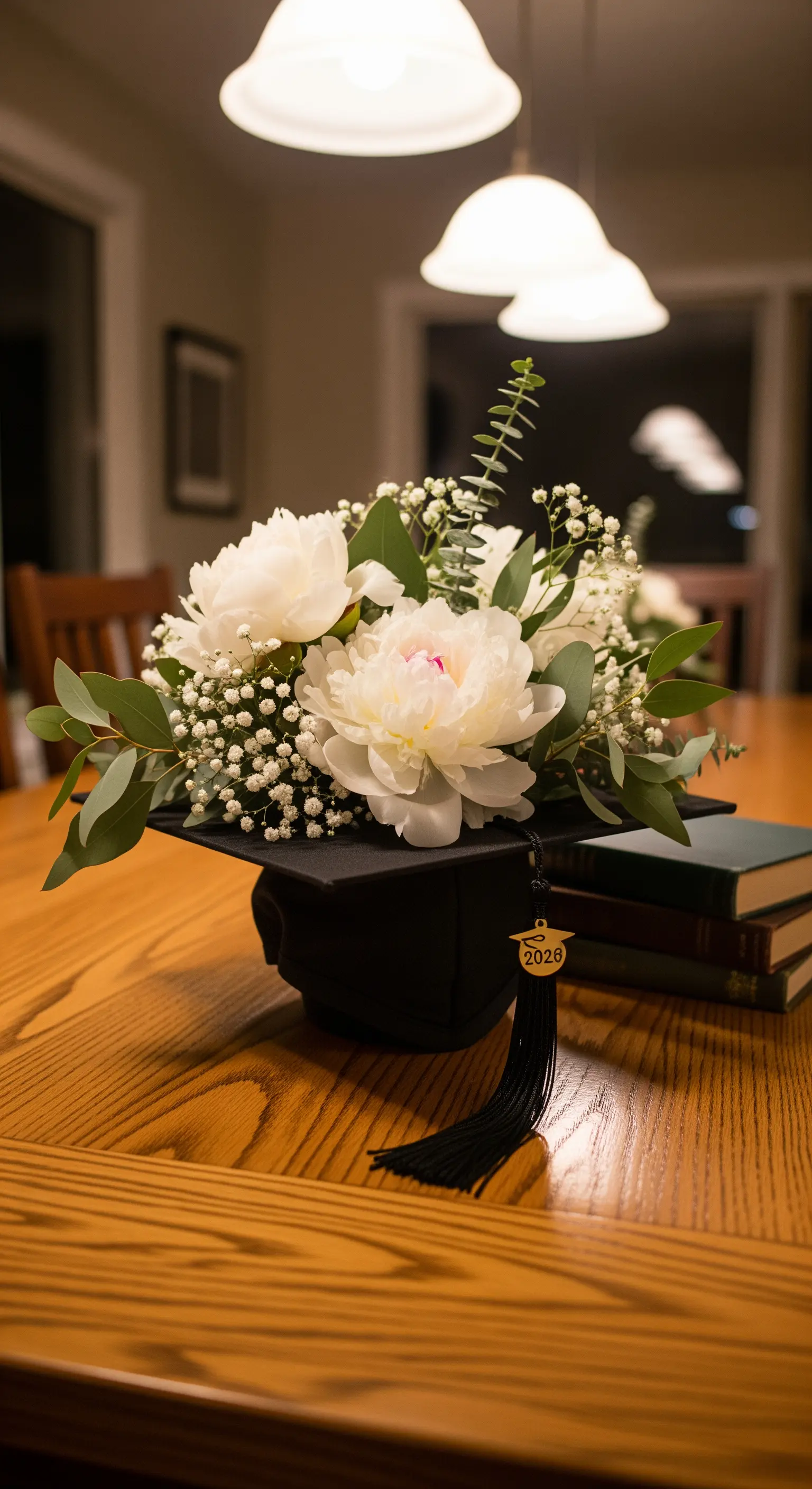 Tocco da laureato usato come vaso per un bouquet di peonie bianche su un tavolo di legno