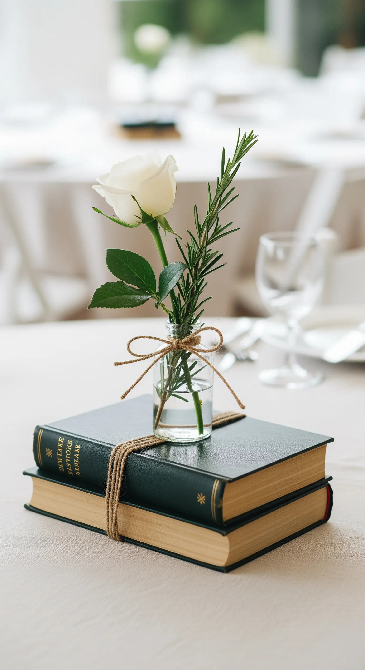 Centrotavola fai-da-te con due libri impilati e un vasetto con una rosa bianca e rosmarino