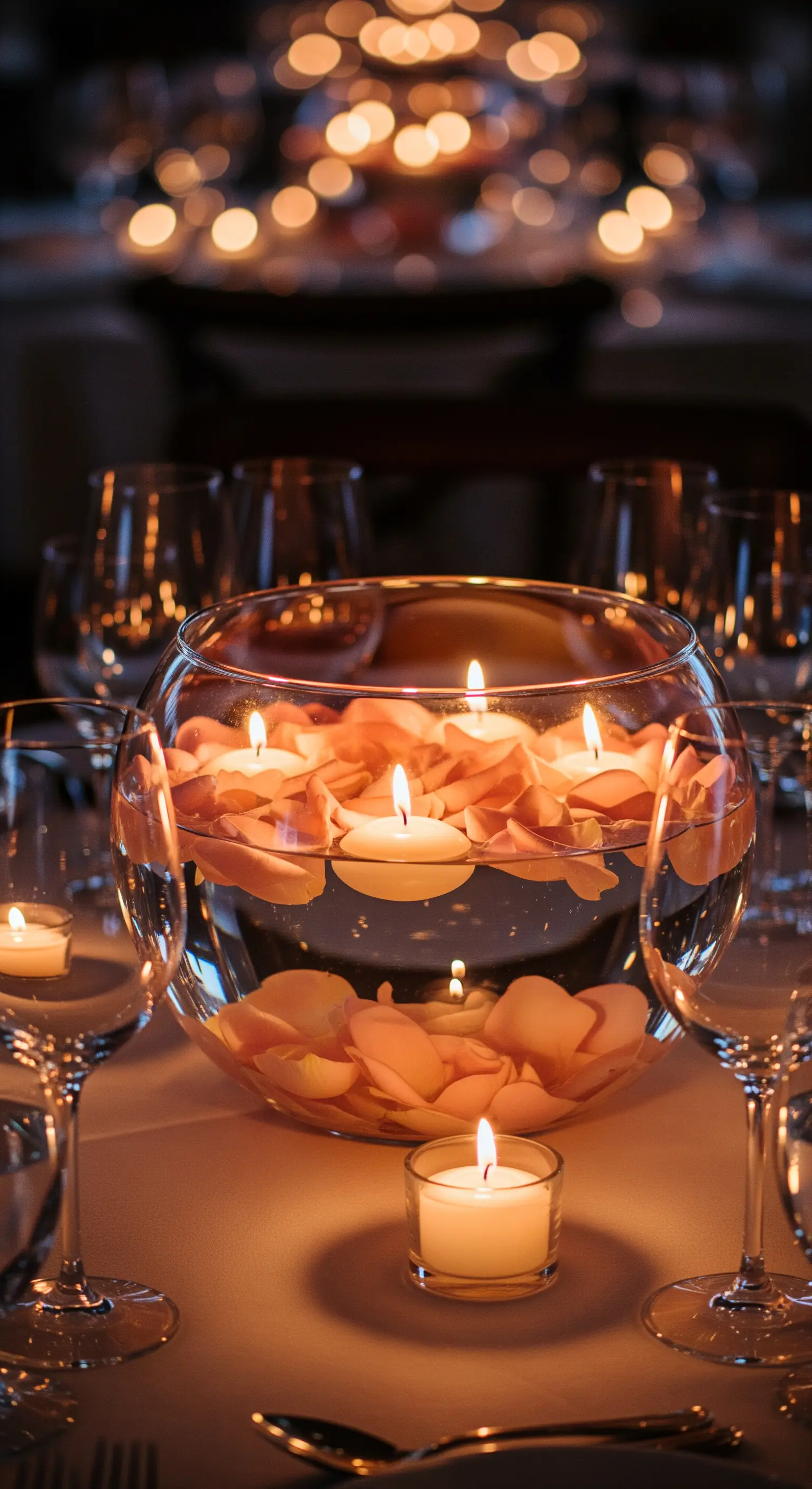 Grande coppa di vetro con acqua, petali di rosa e candele galleggianti accese.