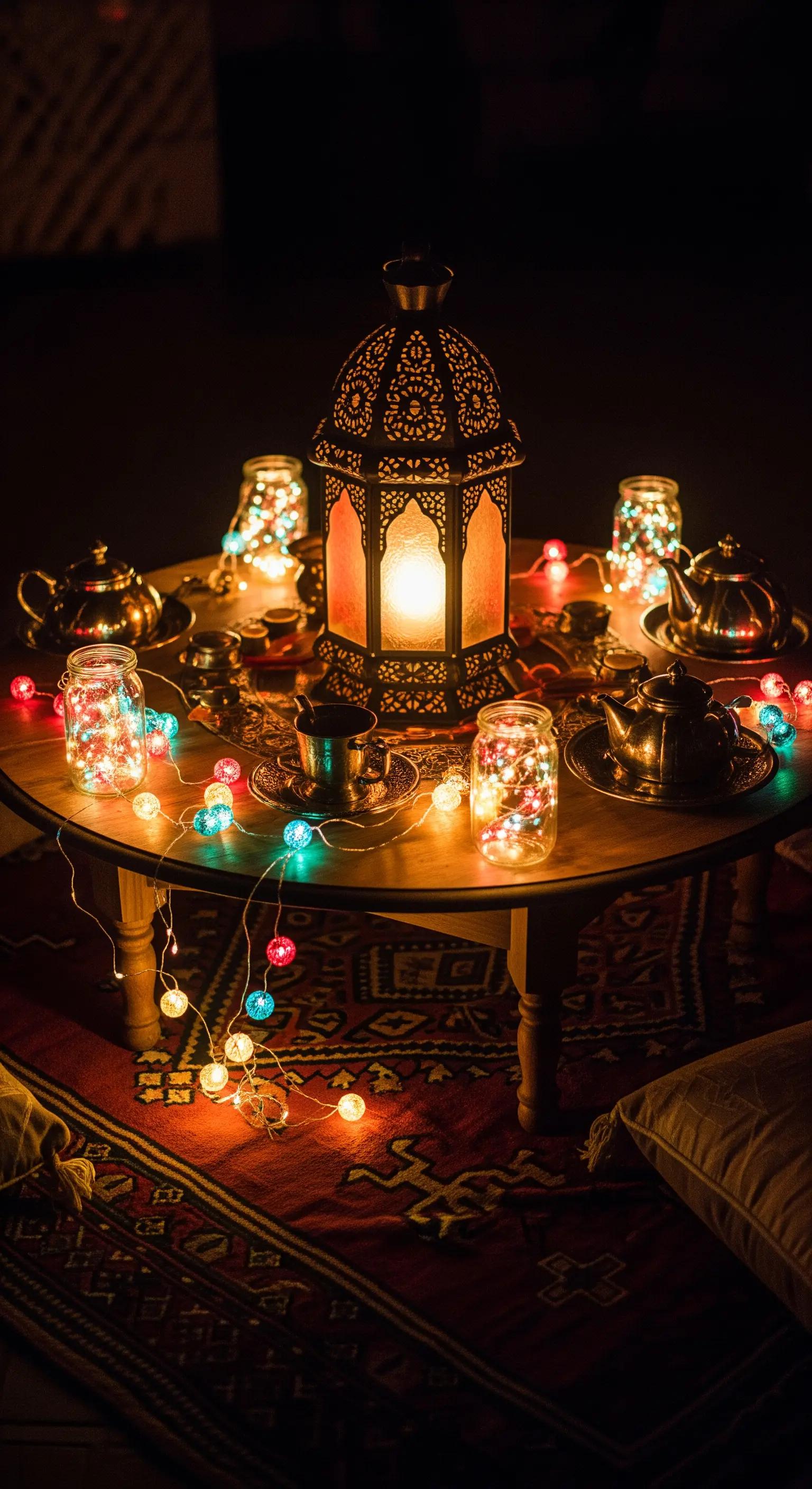 Tavolino basso per il tè con una lanterna centrale e lucine colorate in barattoli.