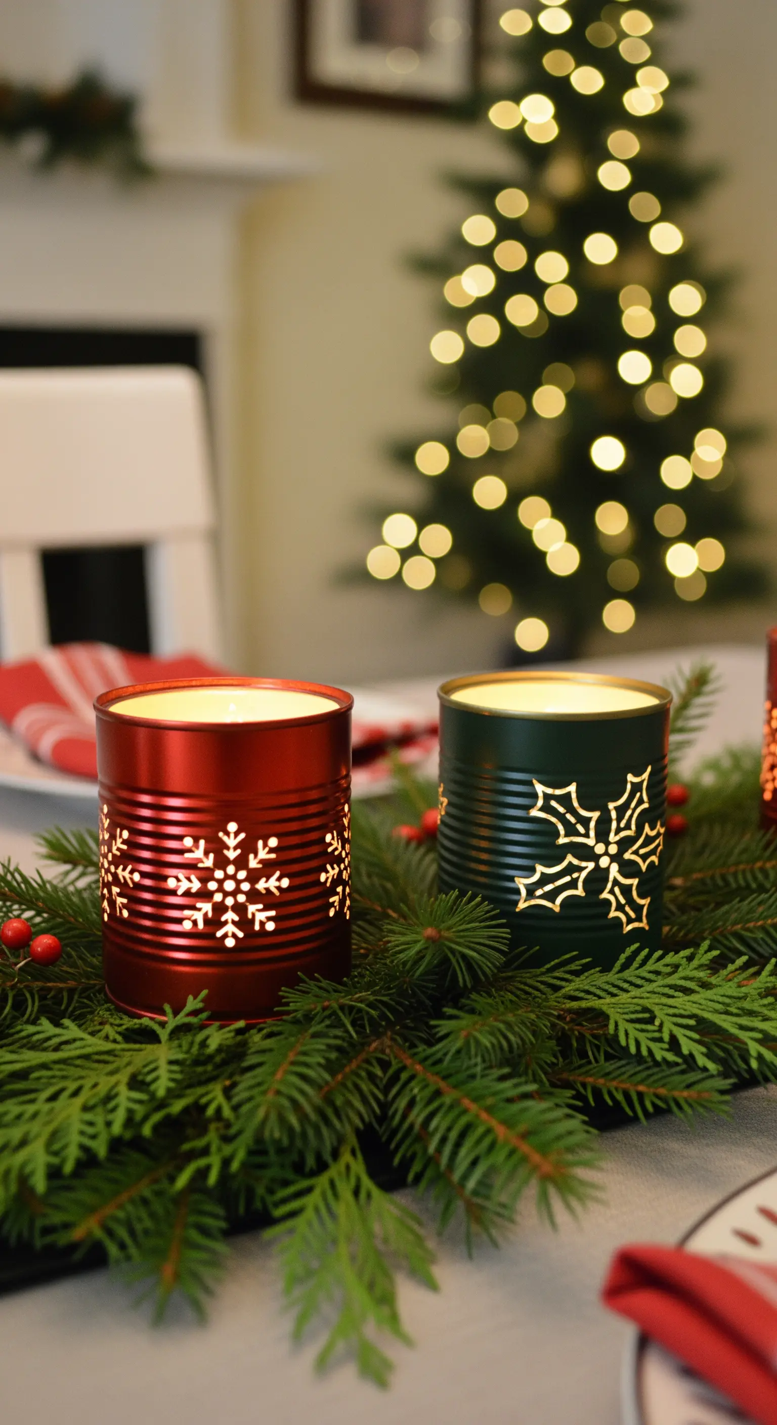 Portacandele rosso e verde a tema natalizio, traforati con fiocchi di neve, su una tavola festiva.
