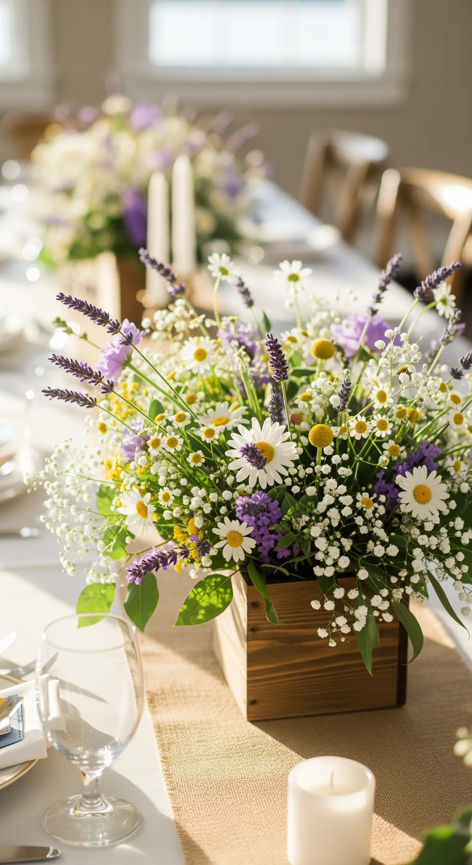 Centrotavola con fiori di campo, lavanda e camomilla in una cassetta di legno rustica.