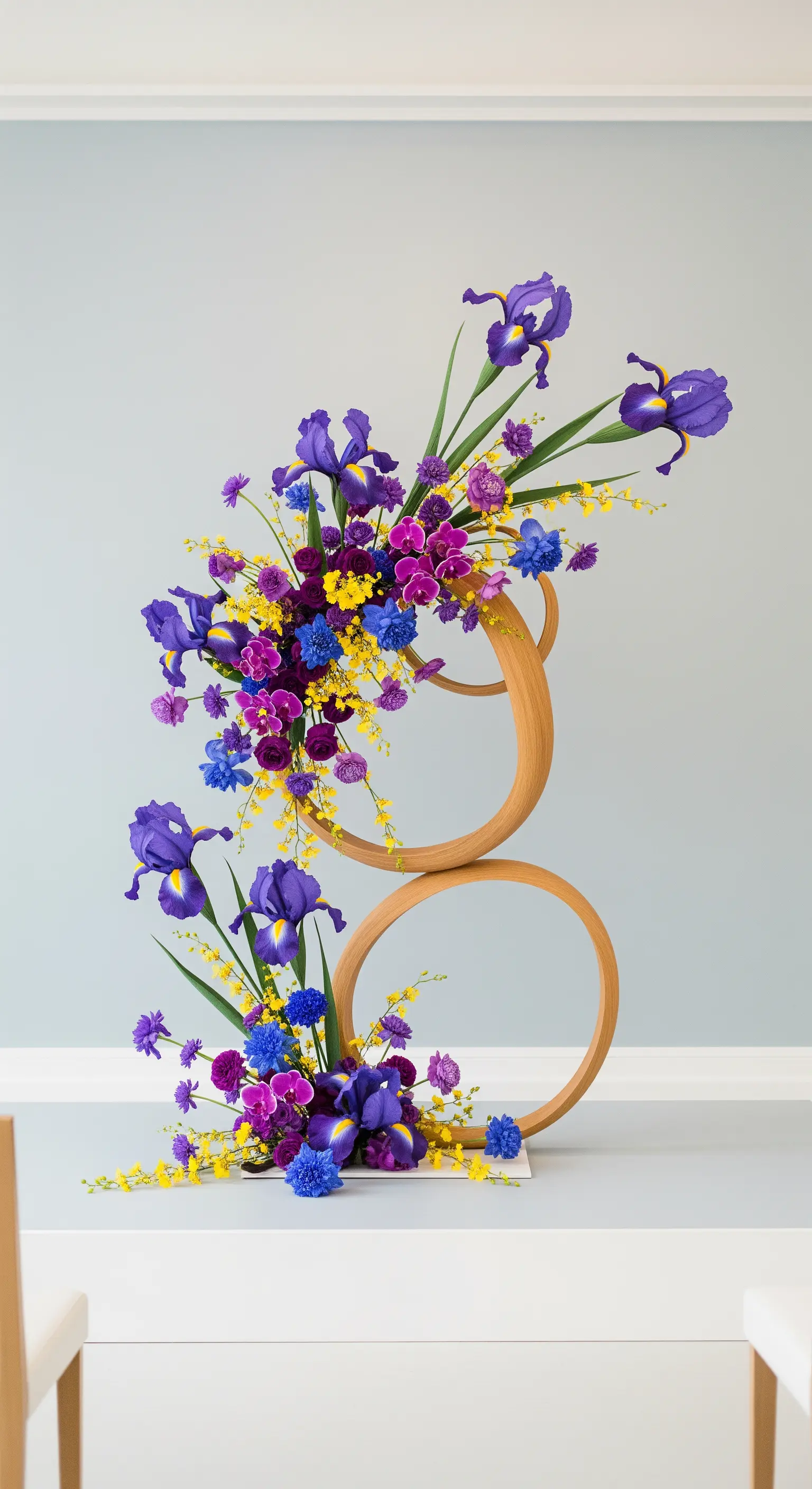 Centrotavola artistico con iris di carta e fiori viola disposti su cerchi di legno.