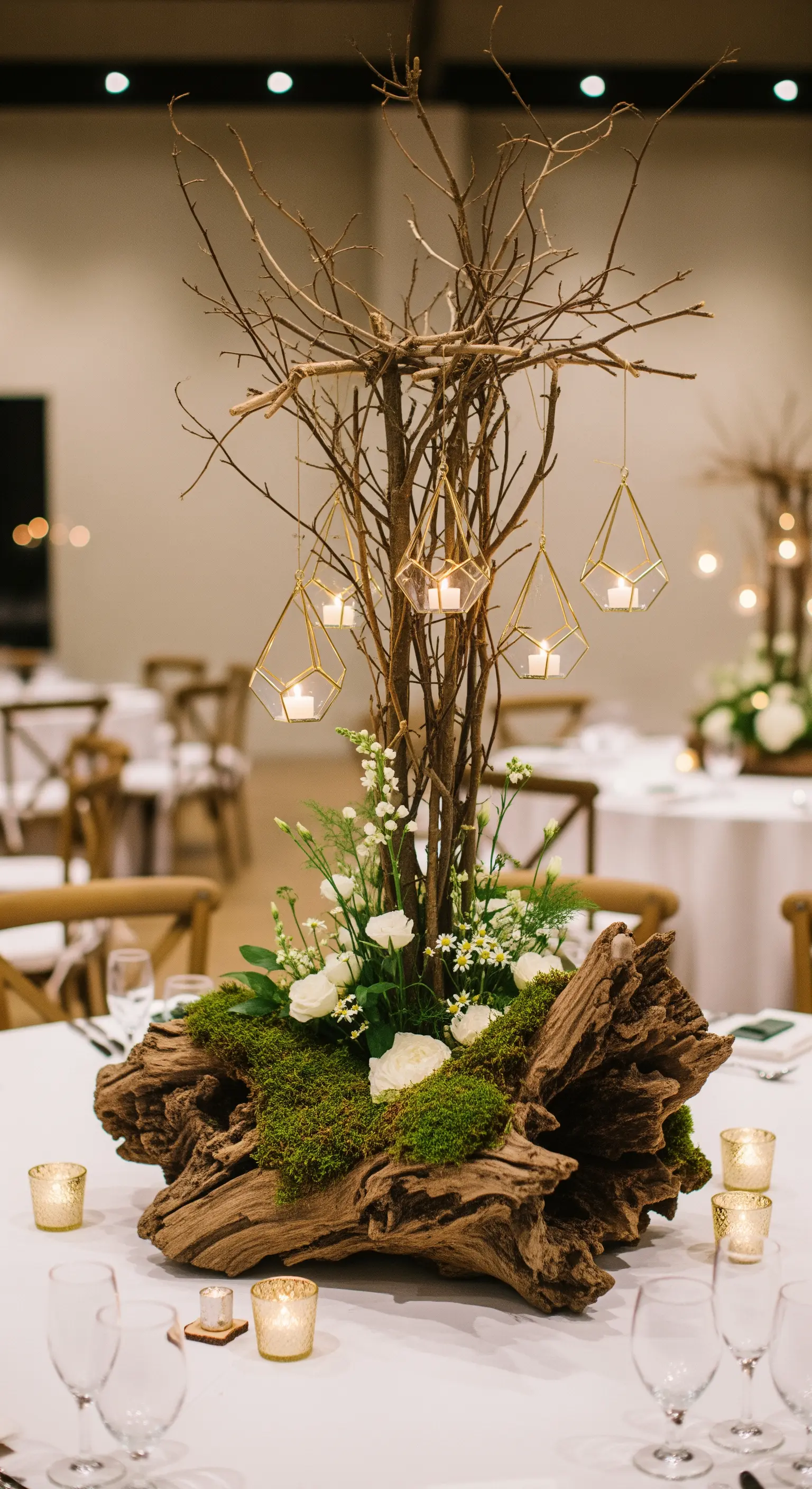 Centrotavola con base in legno, muschio, rami secchi e portacandele geometrici sospesi.