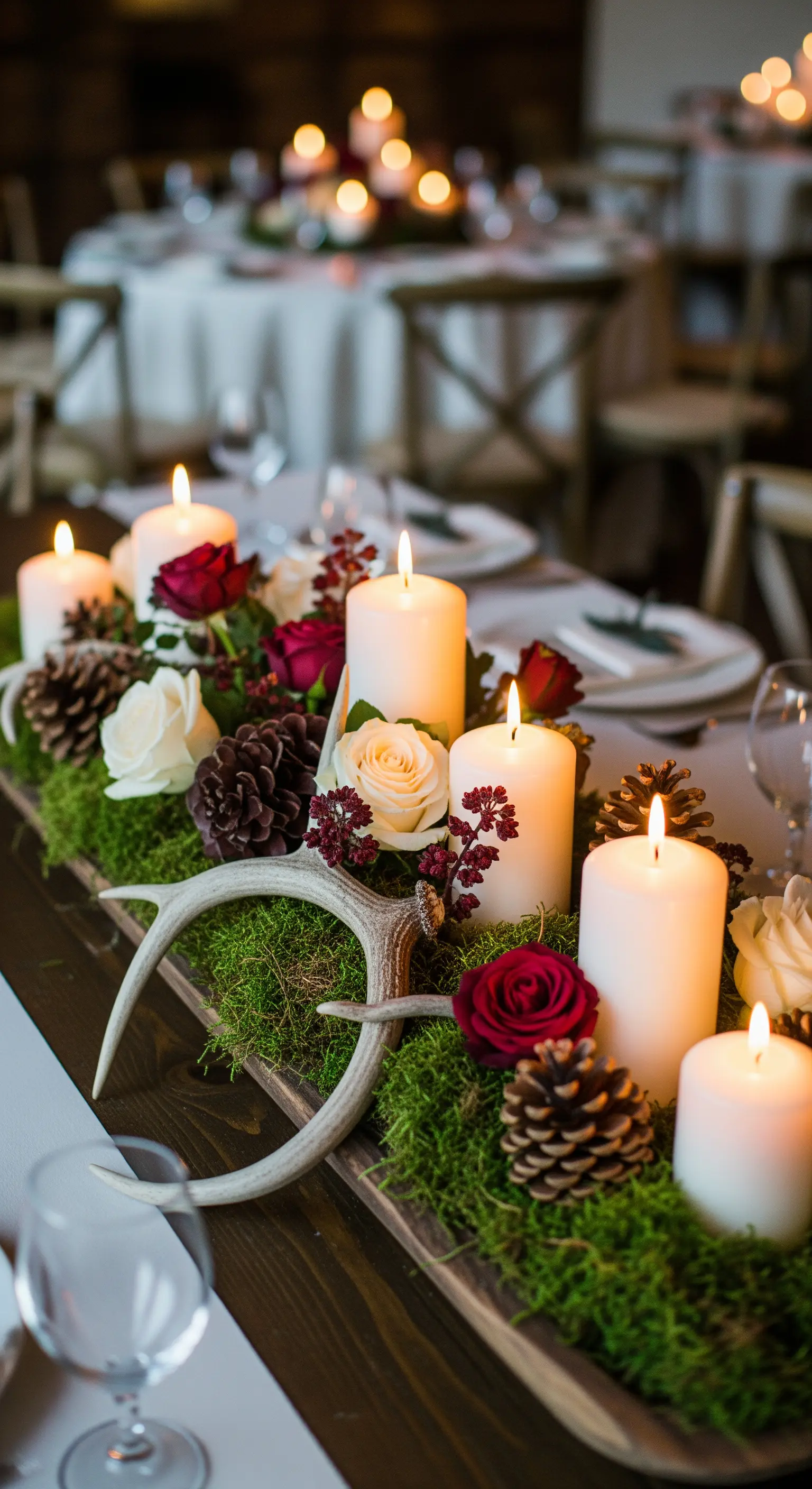 Centrotavola con muschio, candele bianche, rose, pigne e palchi di cervo.