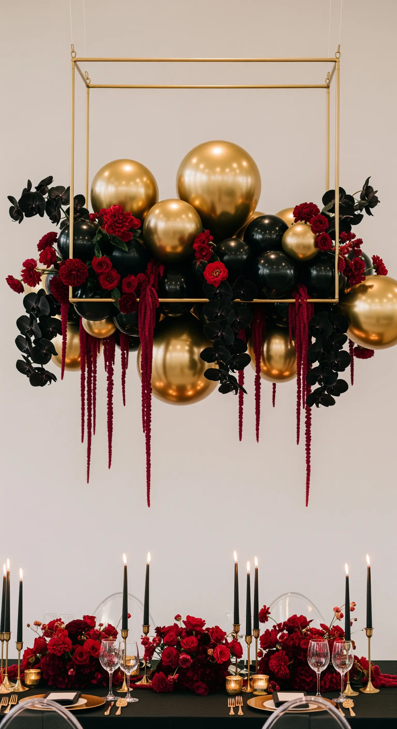 Struttura dorata sospesa con palloncini neri, oro e fiori rossi a cascata.