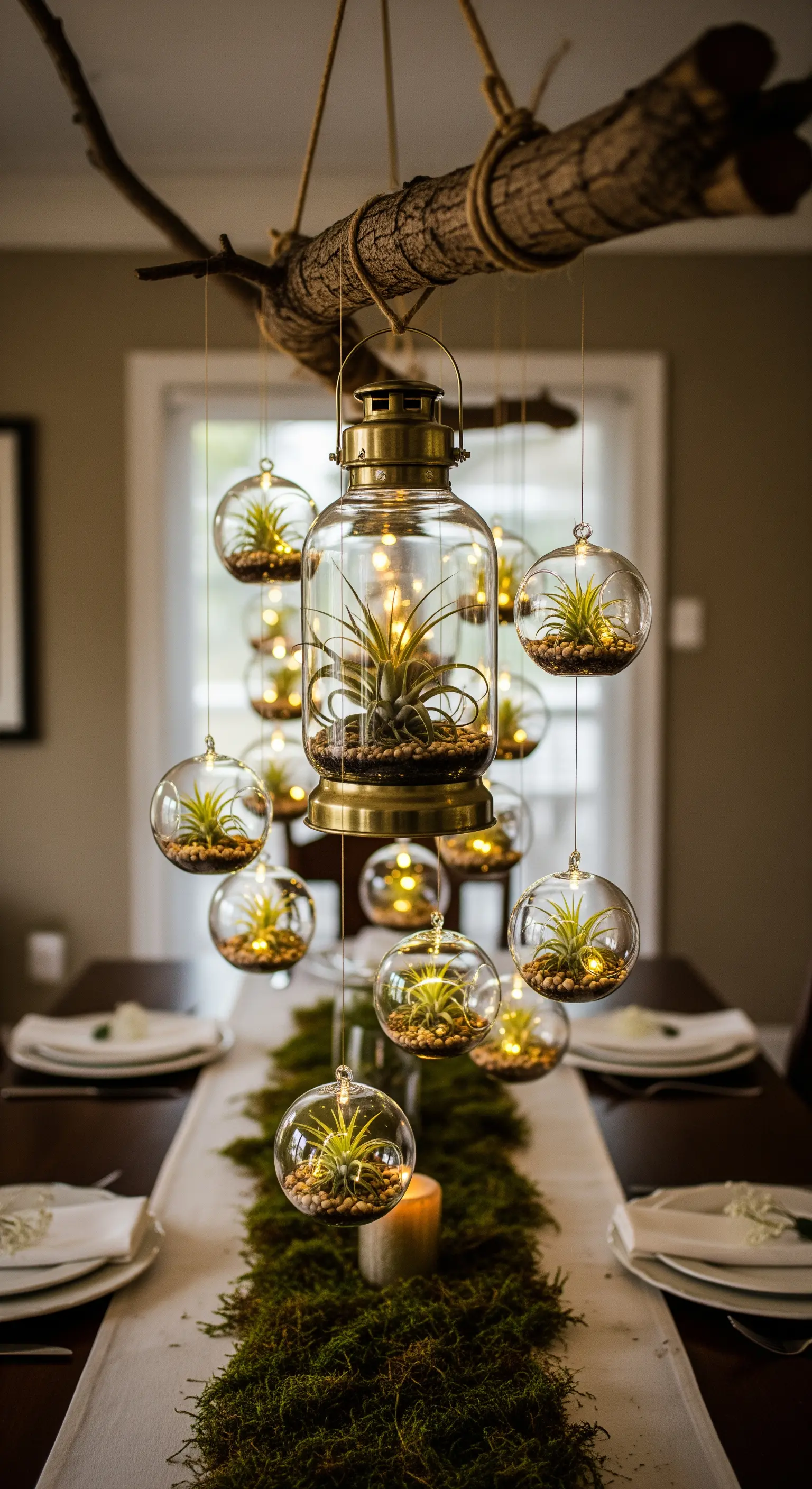 Centrotavola sospeso con un ramo, una lanterna vintage e sfere di vetro con piante aeree.