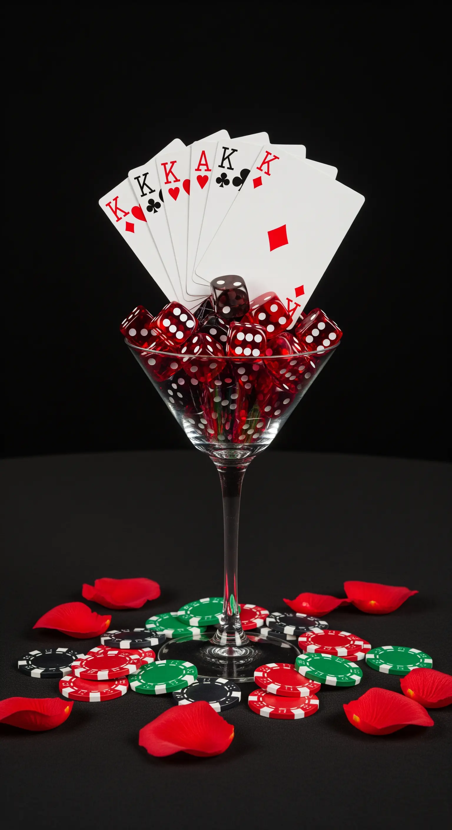 Composizione con un calice da Martini pieno di dadi e carte, circondato da fiches e petali.