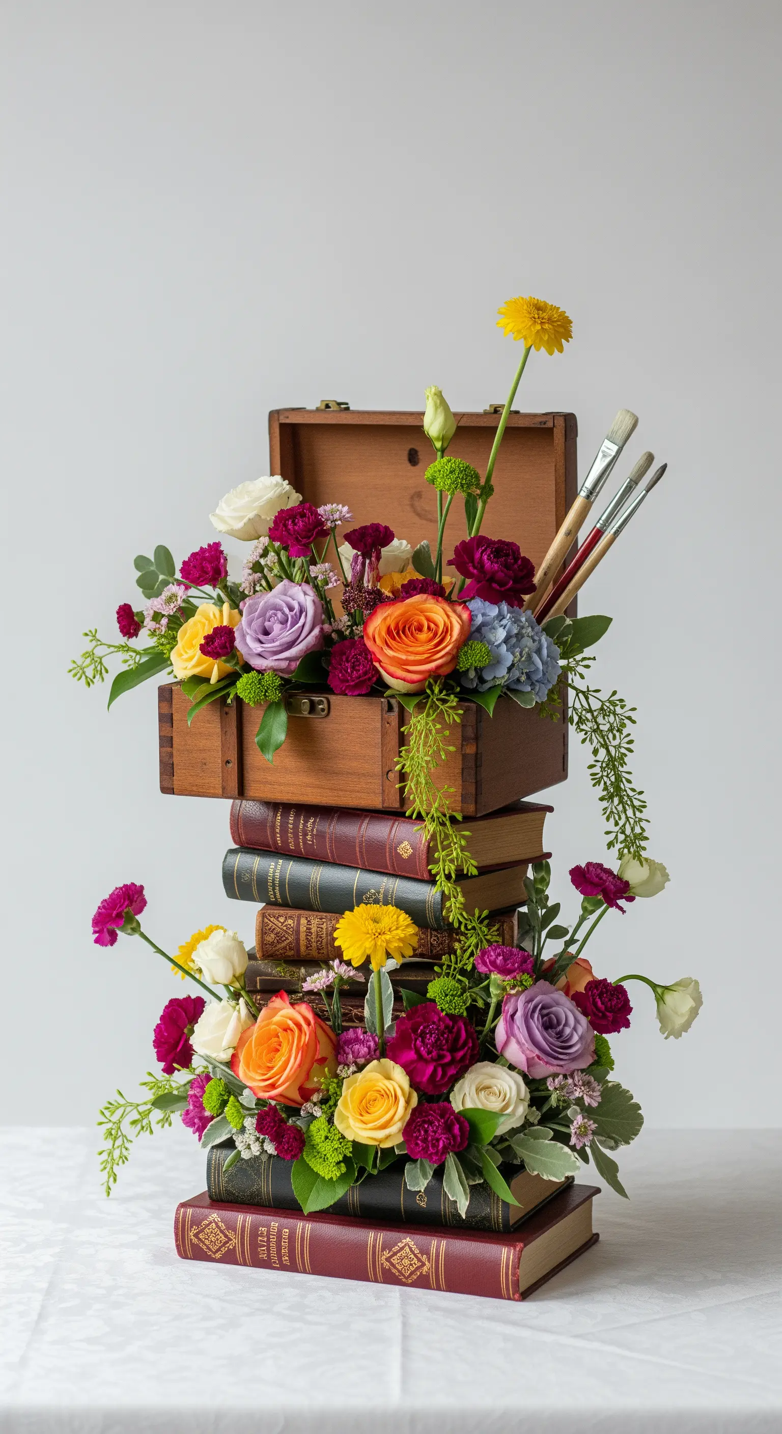 Centrotavola con fiori colorati in una scatola di legno, poggiata su una pila di libri antichi.