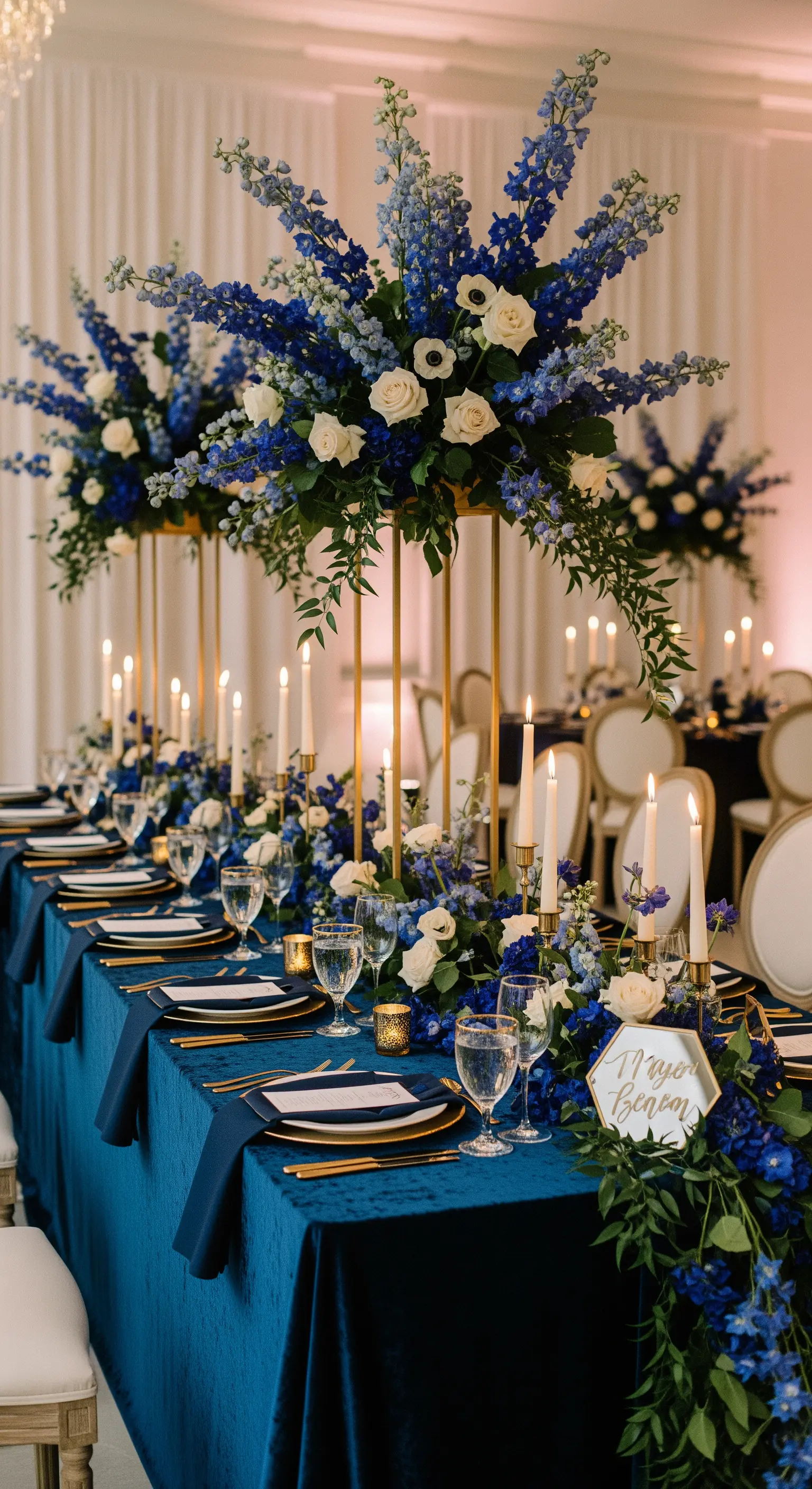 Centrotavola alto con fiori blu e bianchi su un tavolo con tovaglia in velluto blu notte.