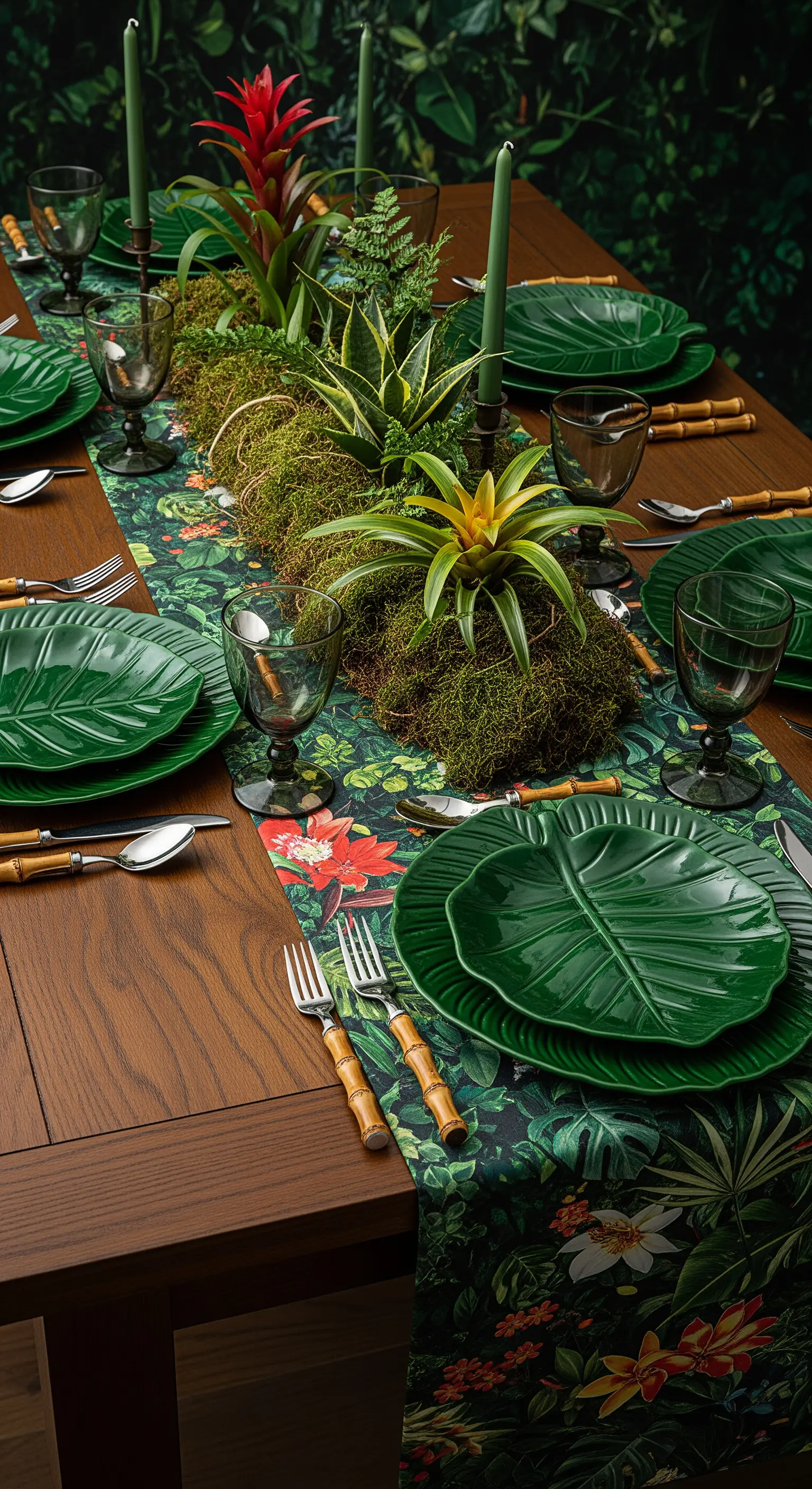 Tavola a tema giungla con runner di muschio, piante vere e piatti a forma di foglia.